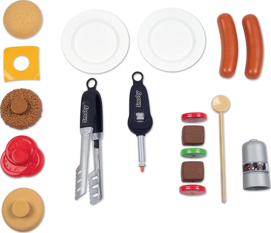 Smoby - Barbecue Kids Grill - Grill with mechanical plastic flames and grill utensils, 18 accessories, for children from 3 years.