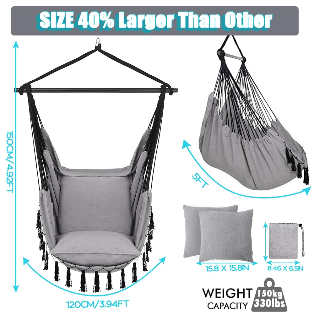 Outdoor & indoor hanging swing chair with 2 pillows & bag, XXL hanging chair for kids & adults up to 330 lbs, hammock swing for living room, bedroom, garden, terrace.
