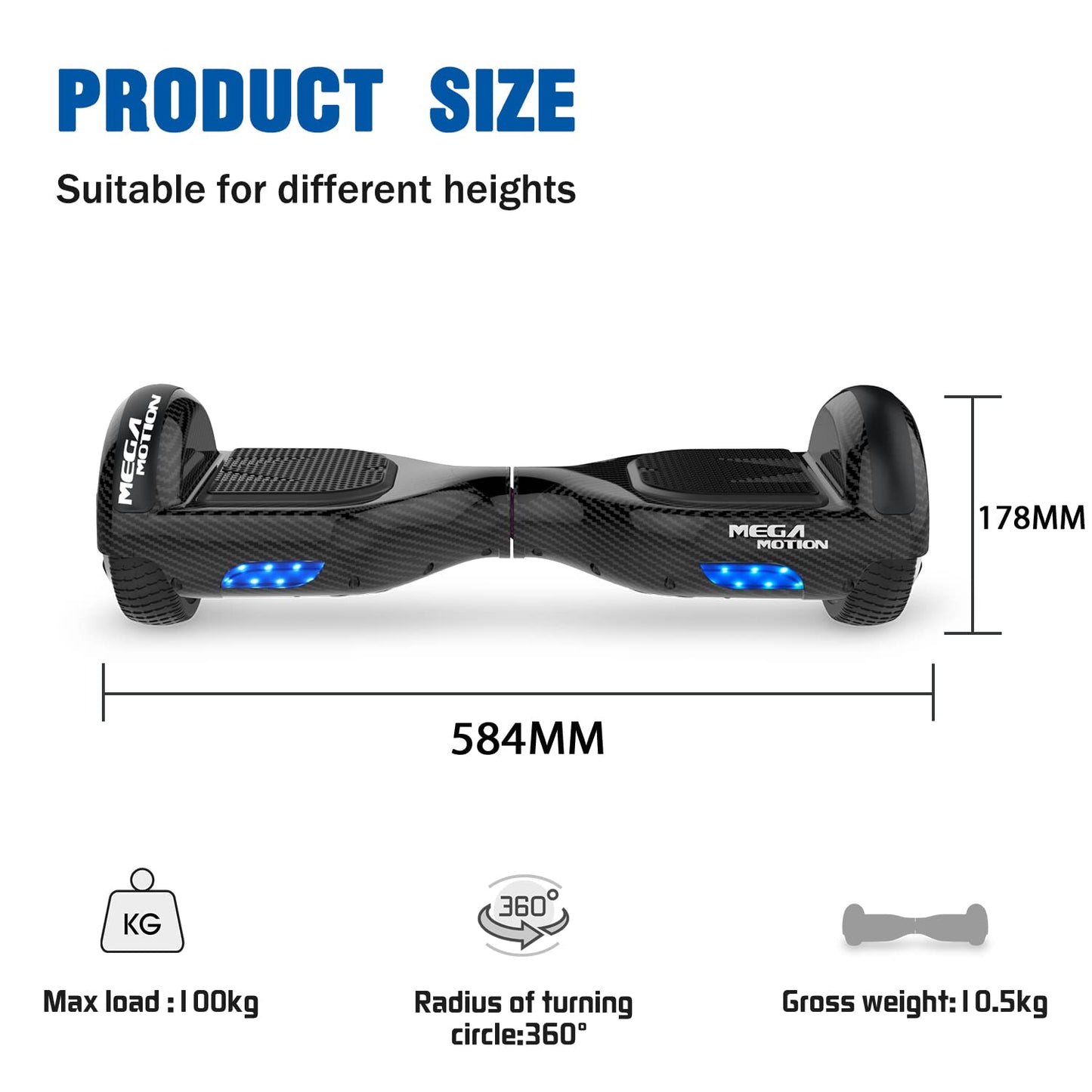 MEGA MOTION Hoverboard, 6.5 inch with Two Wheels Hoverboards for Kids with Bluetooth Speaker - Powerful Motor, LED Light, the perfect gift for kids ages 8 and up