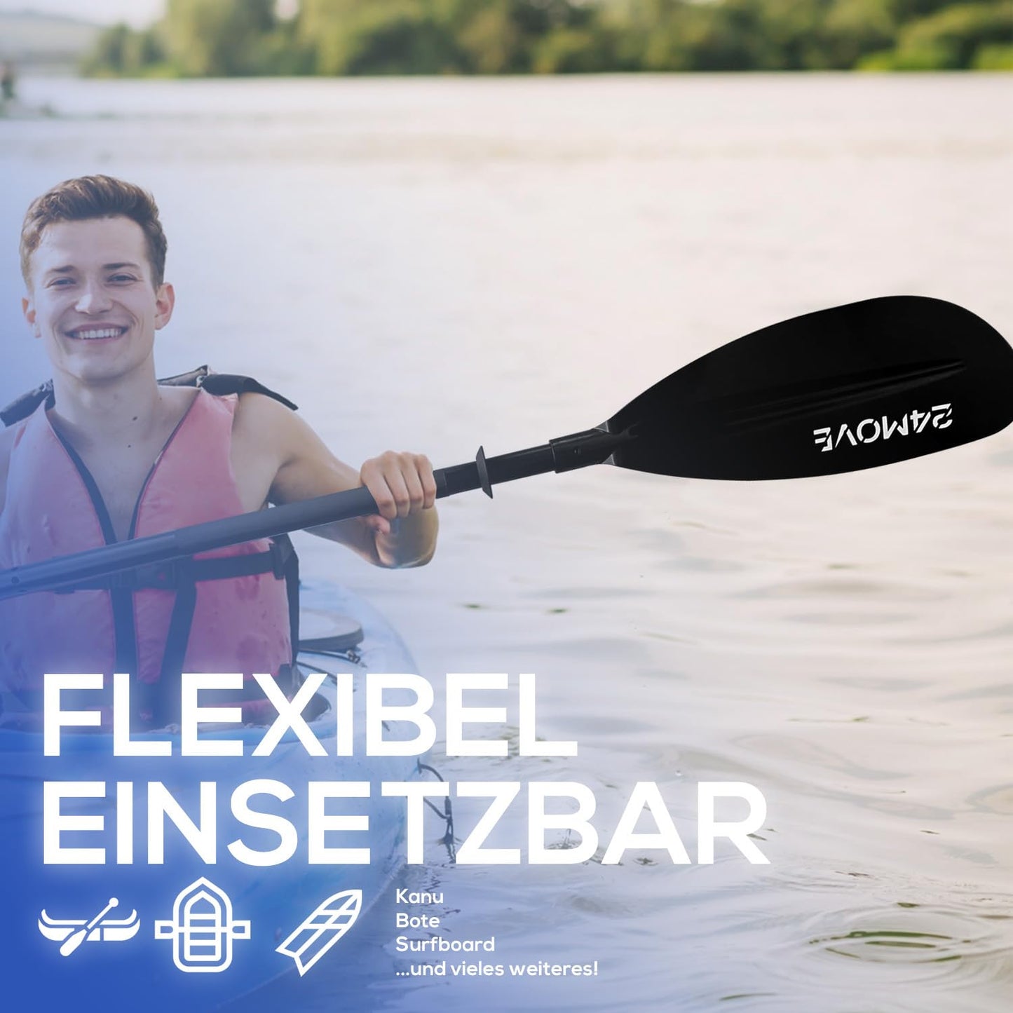 24MOVE® Double Paddle LAGO Paddle 220cm Canoe Paddle Aluminum, Stand-Up Paddling, Paddle for Kayak, Inflatable Boat, Adjustable, Black