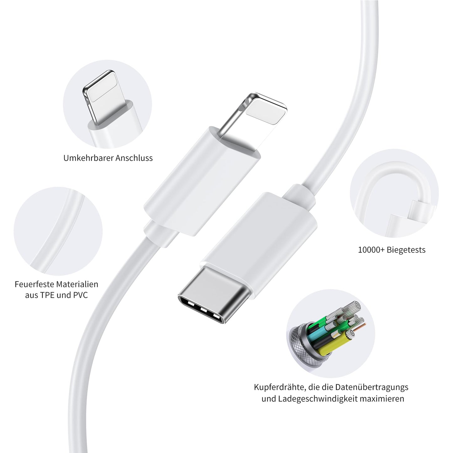 2-Pack charging cables for iPhone 14/14 Plus/14 Pro/14 Pro Max/13/12/11/SE/X/XR/8/7. 30W USB C fast charger with 2M cable, plug adapter, and charger plug.