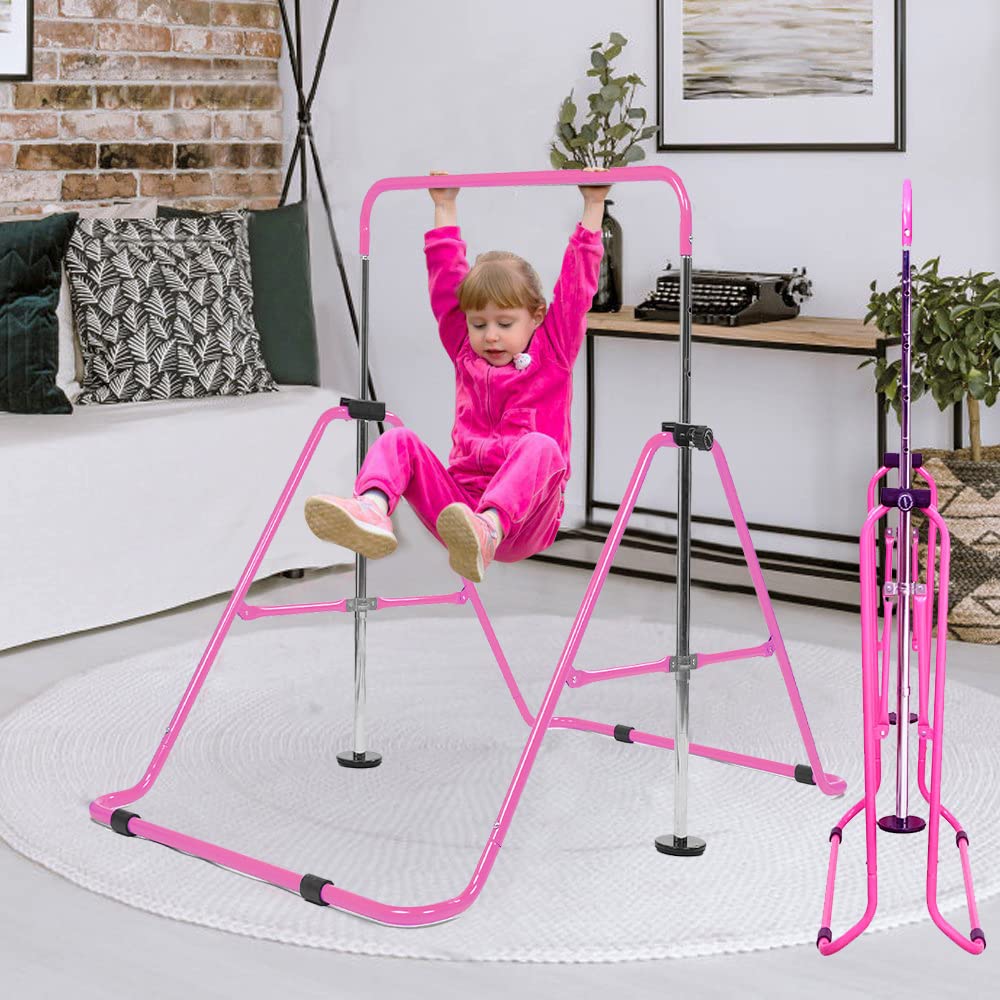 FINGER TEN Gymnastics Horizontal Kip Bar for Kids, Foldable 4 Height Adjustable Training Bars for Indoor/Outdoor Home Gymnastics (Pink)
