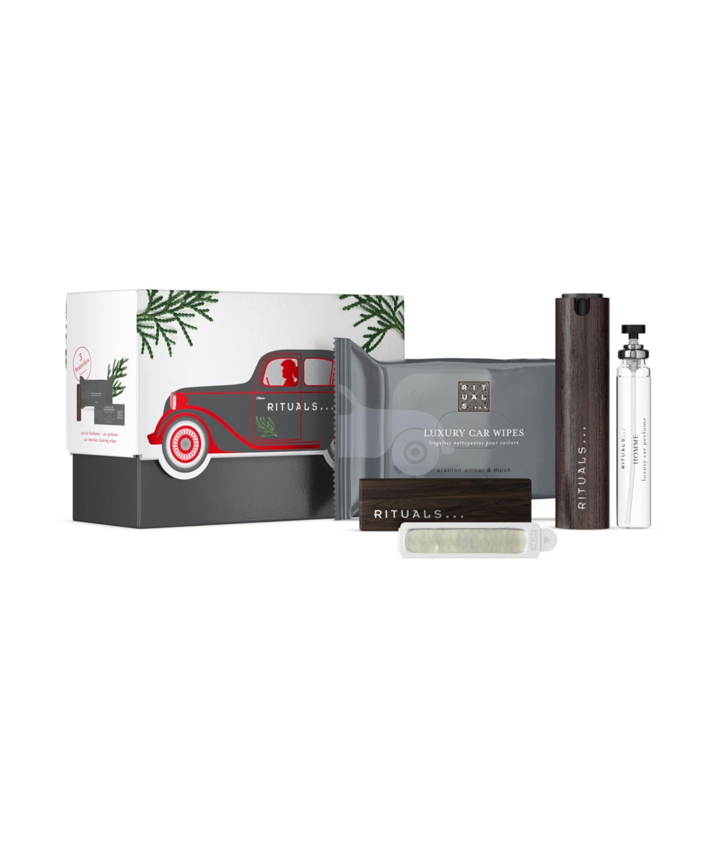 RITUALS The Ritual of Homme Car Perfume Gift Set - Includes a car perfume, a pack of car wipes, and a reusable wooden holder with 2 refillable air fresheners.