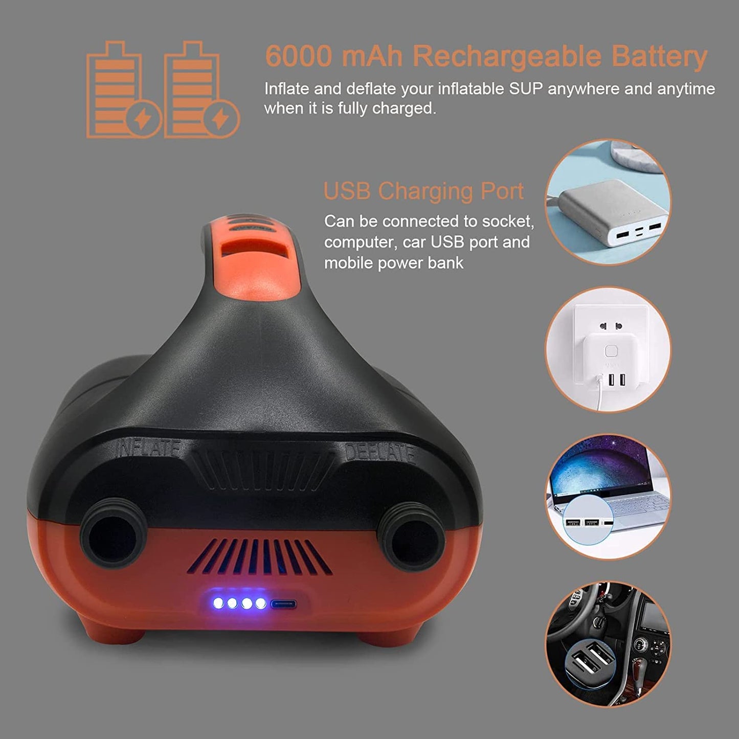 4000mAh SUP pump electric battery, 20Psi electric SUP air pump, 110 V AC/12 V DC quick charge, with intelligent two-stage auto-off function for inflatable stand up paddle boards, boats (orange)