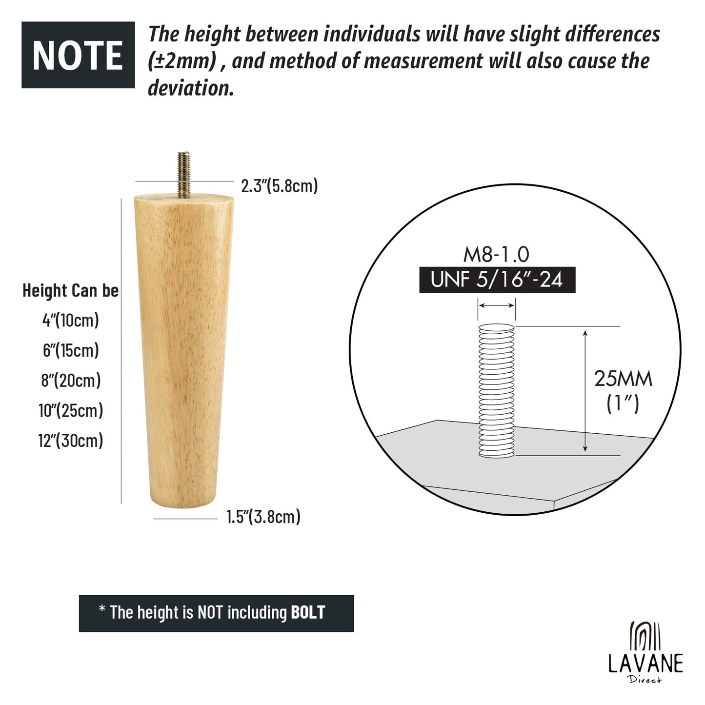 The La Vane 4pcs Solid Wood Furniture Legs - Cone Shaped Table Legs Replacement (Height: 20cm) with M8 Threaded Bolt, Mounting Plates - For Sofa, Bed, Cabinet, Couch, Ottoman & Tables - Easy to install.