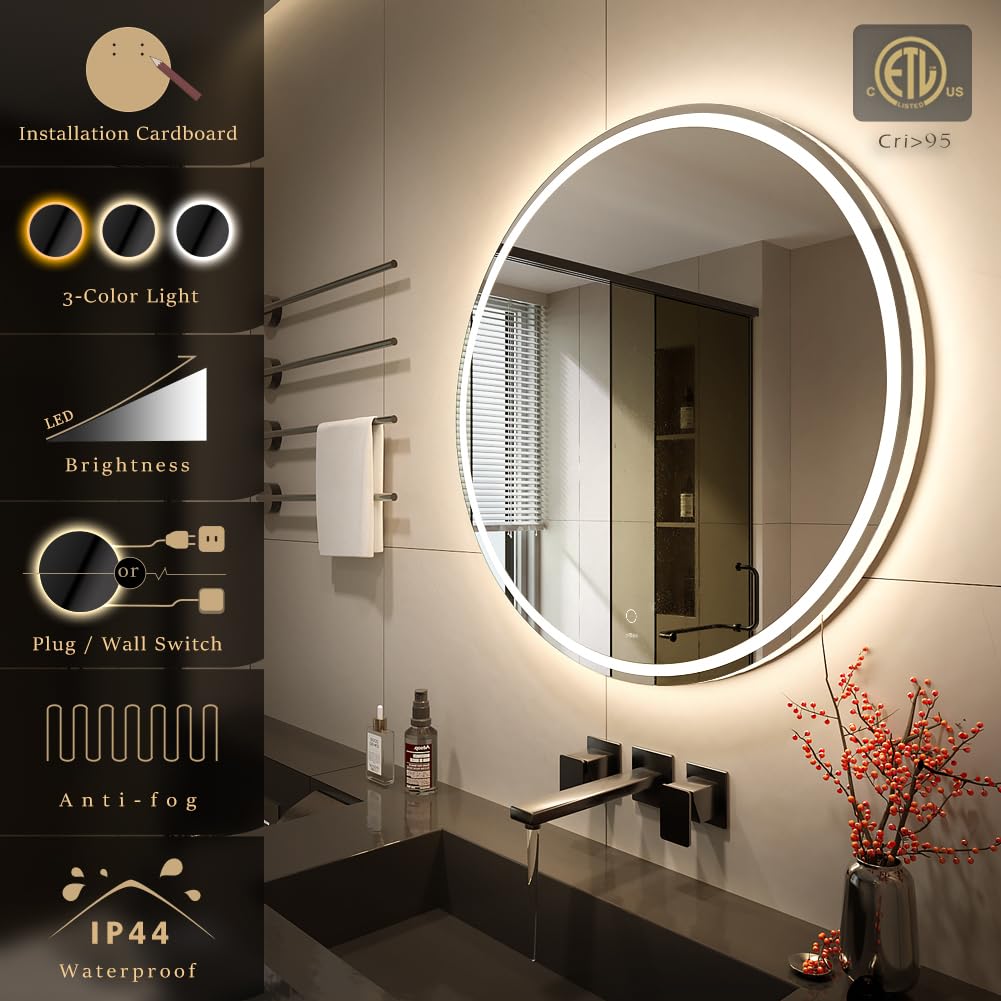 KWW 70cm LED Round Bathroom Vanity Mirror, Adjustable Color Temperature, Anti-fog Dimmable Lights, Wall Mounted Makeup Mirror with Smart Touch Button