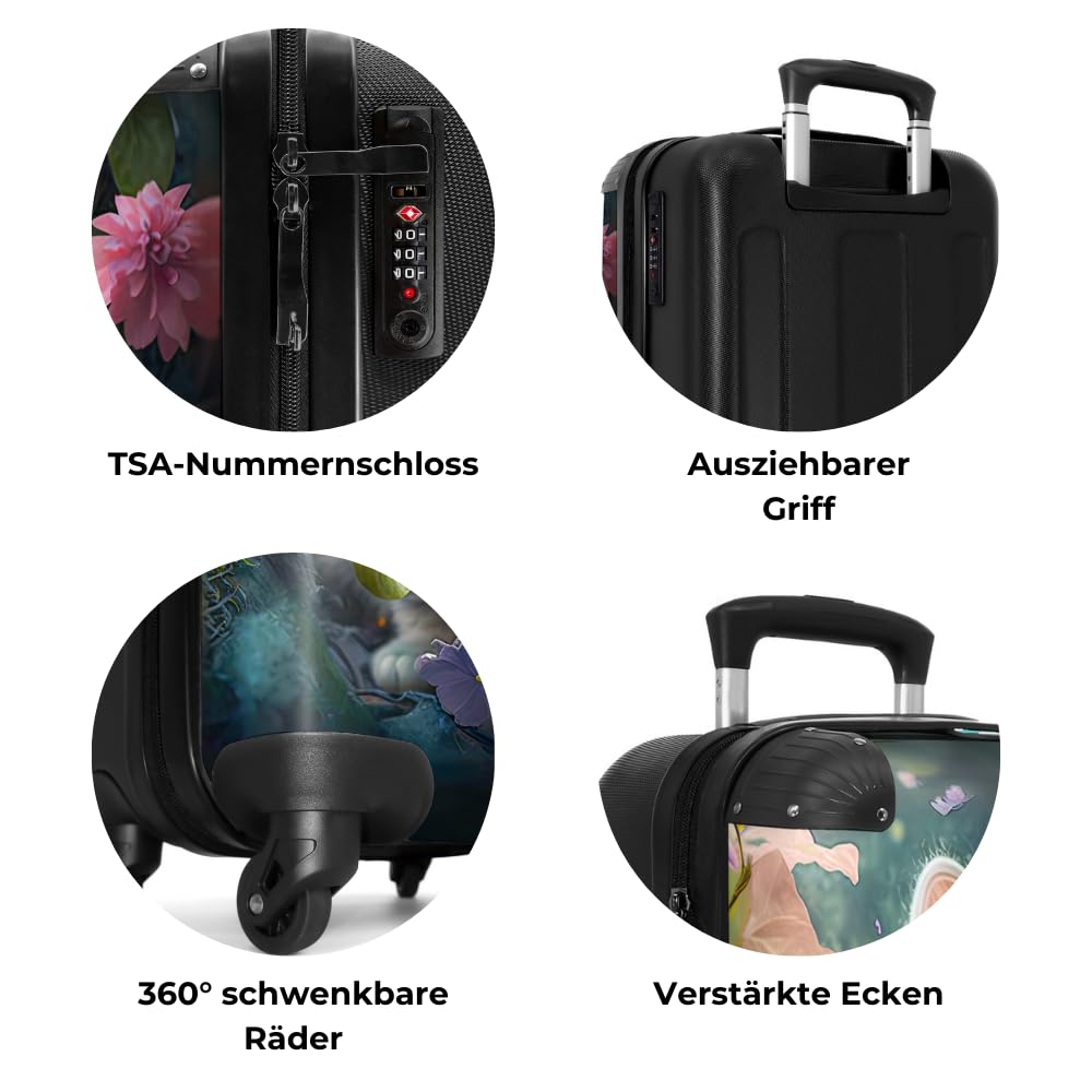 NoBoringSuitcases.com® Kids' suitcase for girls with cute illustrations of kittens, flowers, and forest. Compact hand luggage trolley measuring 55x40x20 cm.