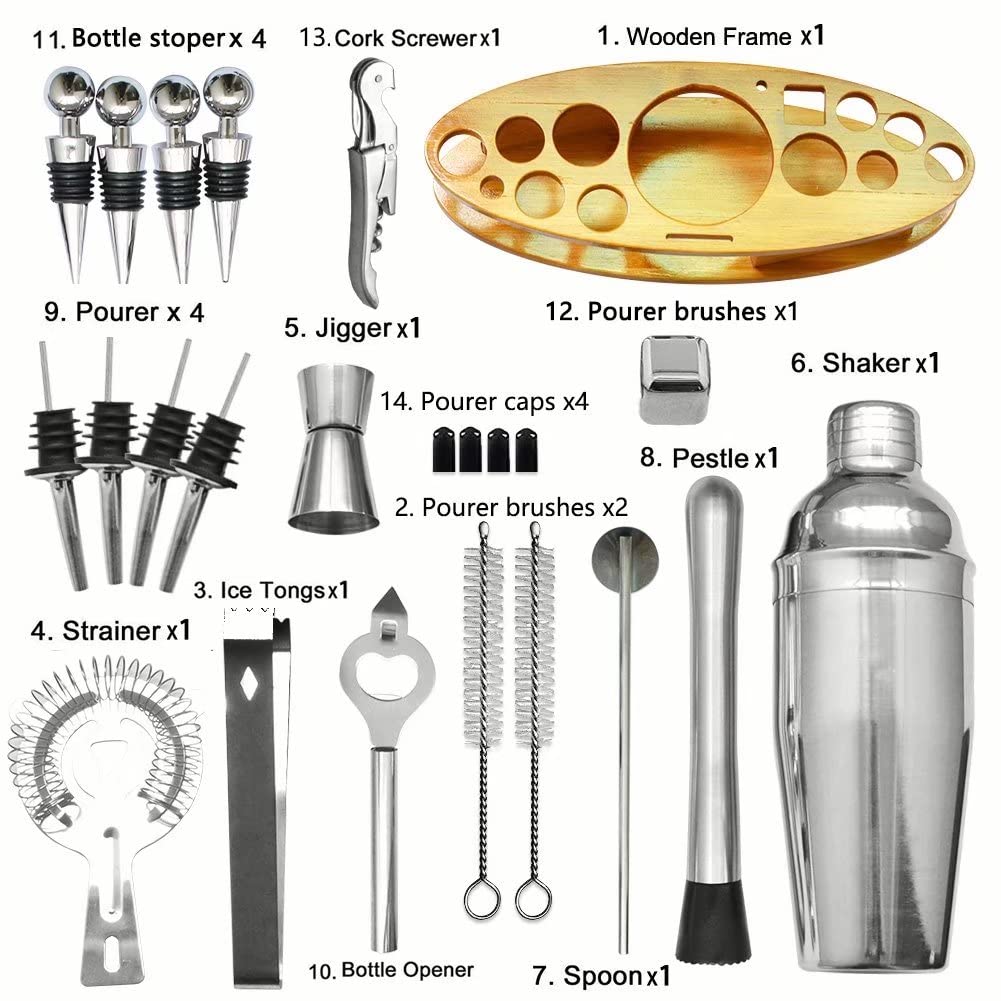 Cocktail shaker gift stainless steel 23 piece cocktail set bar accessories cocktail set 750 ML cocktail shaker with wooden stand for bartender men and women, perfect for home or bar.