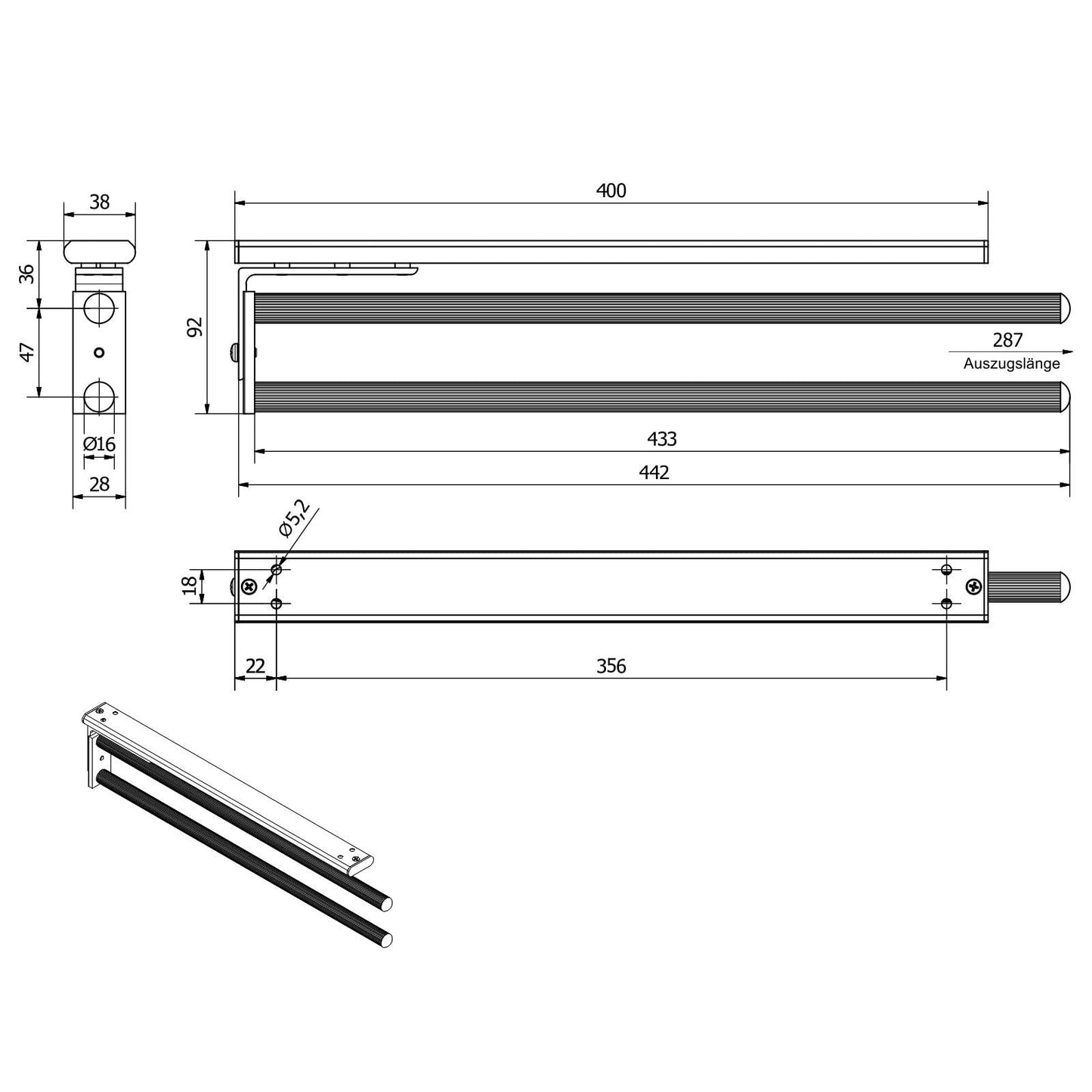 SOTECH aluminum towel holder TED 2-armed black matte (450-730 mm, extendable, rotatable) Telescopic extension suitable for bathroom or kitchen