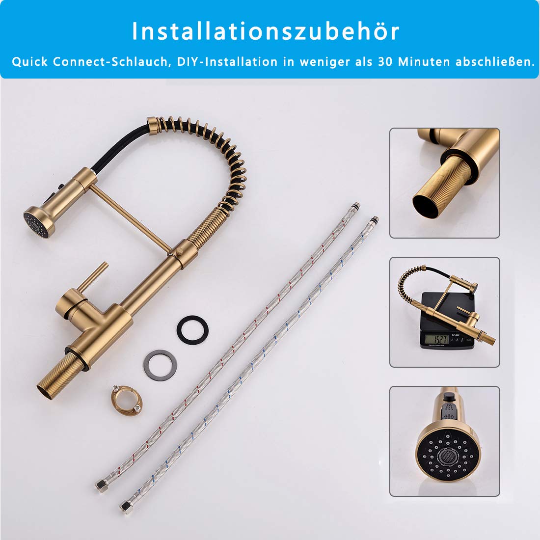 TIMACO Kitchen Faucet Brushed Gold with 360° Swivel, Pull-Down Sprayer Faucet Mixer, Commercial Single Handle Kitchen Faucet in Brushed Gold Finish Kitchen Tap