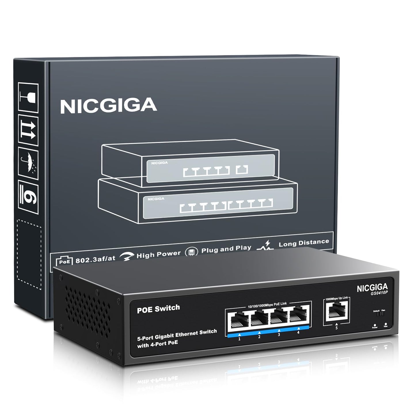 4-Port Gigabit PoE Switch Unmanaged with 4 Port IEEE802.3af/at PoE @78W, 1 x 1000Mbps Uplink, NICGIGA 5-Port Network Power Over Ethernet Switch, VLAN Mode, Desktop/Wall Mount.