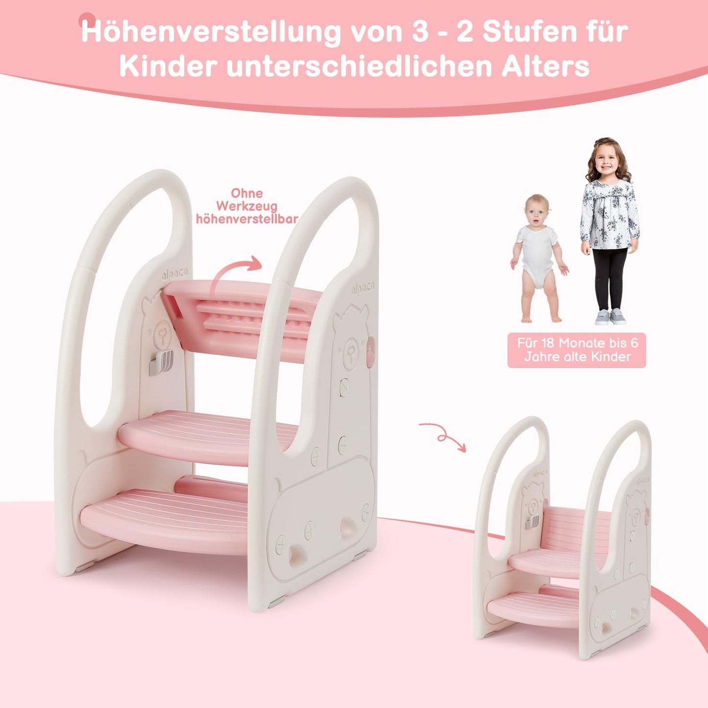 Onasti Kids Step Stool, Three-Step Height Adjustable Toddler Stool for Babies, Comfortable Handrail, Multi-Functional, Anti-Slip, Suitable for 1.5 to 6 Years - (Pink)