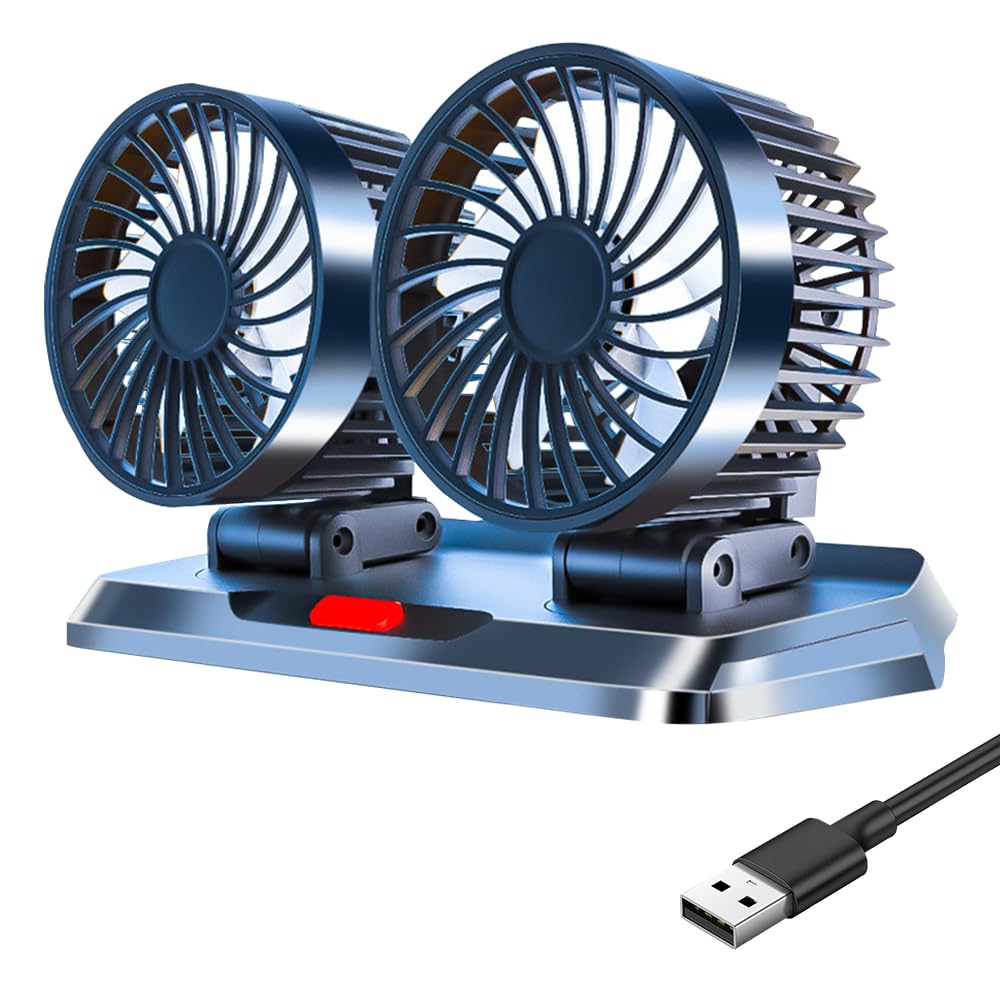 KUWUNG USB Car Fan, Dual Head 360° Rotatable USB Car Fan with 3 Speeds, Dual Fan Suitable with USB Interface for Car, RV, Home, Office, Camping
