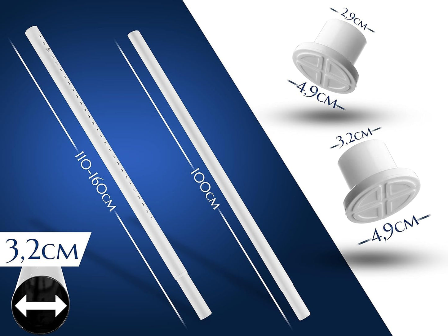 MEISENBERG Shower Rod without Drilling 210-260cm, White, Ø 32mm, Clamp Rod - Curtain Rod Tension Rod, Telescopic Poles for Curtains, Bathrooms, and Balconies