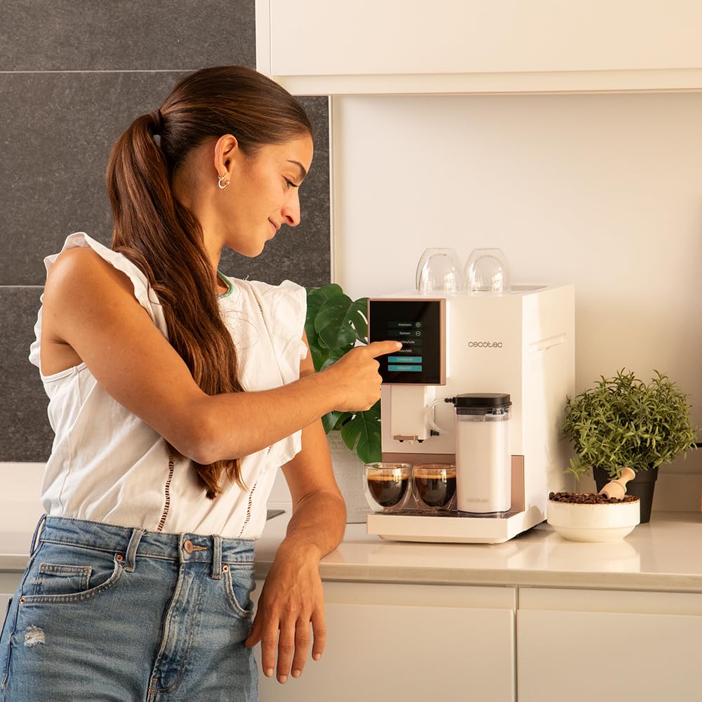 Cecotec Superautomatic Coffee Machine Cremmaet Compactccino White Rose, 19 Bar, Thermo block System, Freshly Ground Beans Plug&Play, 150g Coffee Bean Tank Grinder, 1.1L Water Tank, 400ml Milk Tank