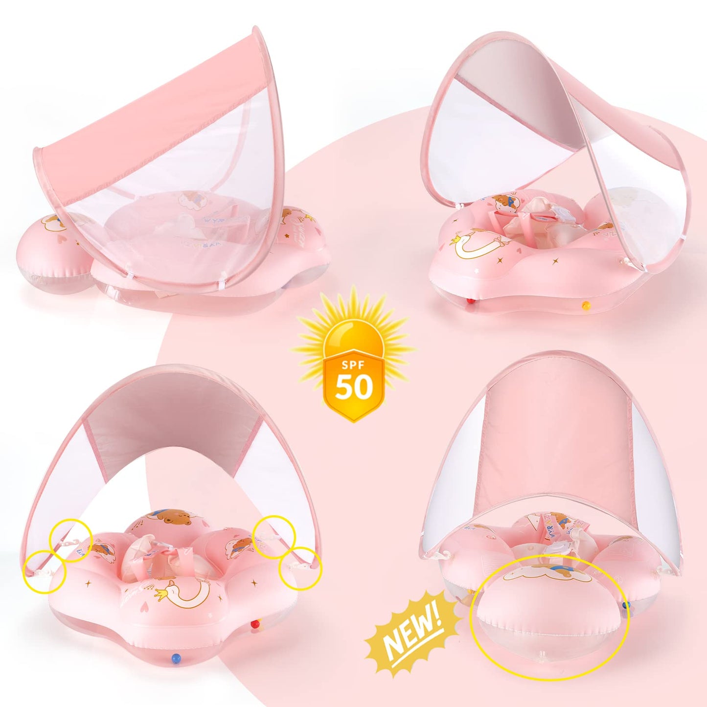 WYRIAZA swim ring baby float baby swim ring with sun canopy SPF 50+ upgrade baby swim ring 5-8kg with balance ball to prevent rollover (S 3-12 months)