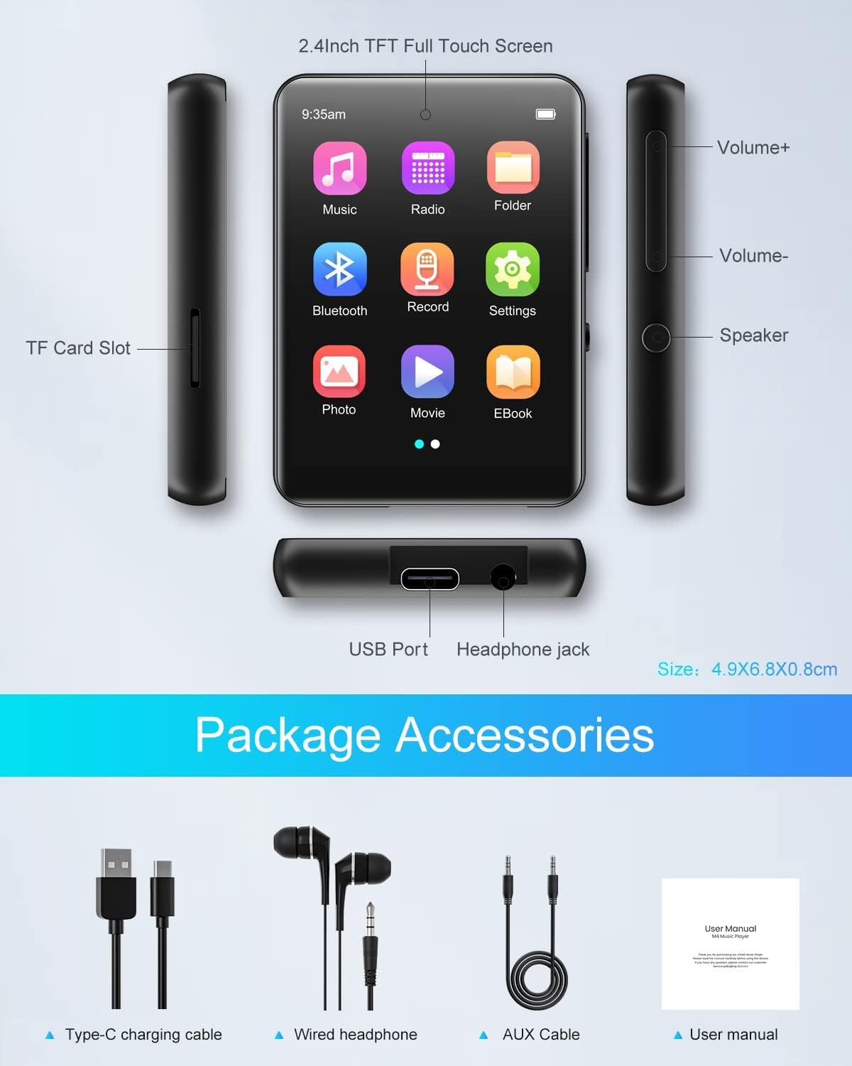 64GB MP3 player Bluetooth 5.3, HiFi lossless sound music player with speaker, voice recorder, FM radio, 2.4 inch full touch screen metal body MP3, supports up to 128GB.