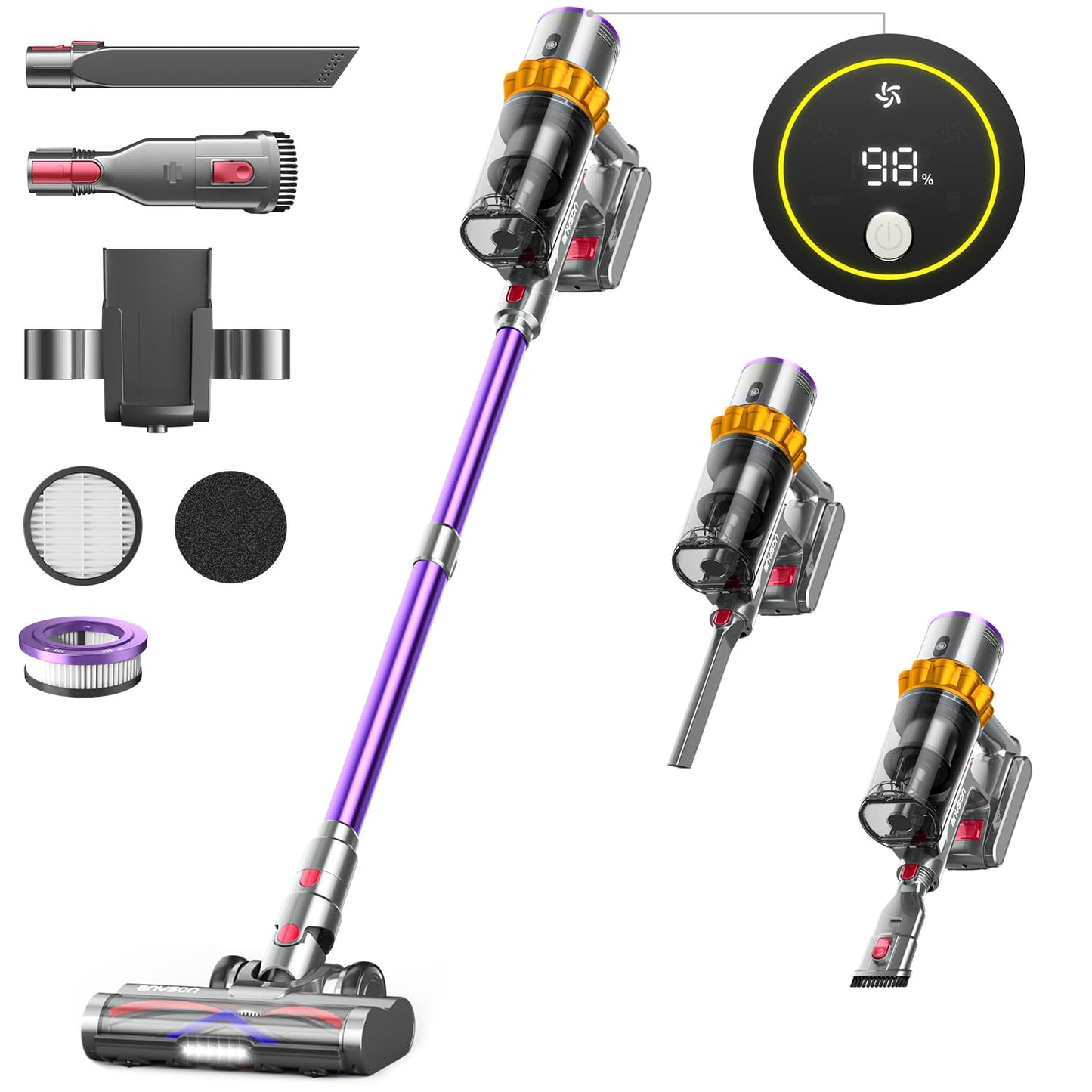 Anyson 45000Pa/550W/70Min Cordless Vacuum, 1.6L Battery Vacuum Super Quiet, Cordless Vacuum Self-charging with LED Display/Anti-Tangle Brush, Stick Vacuum for Hard Floors Carpets Pet Hair.