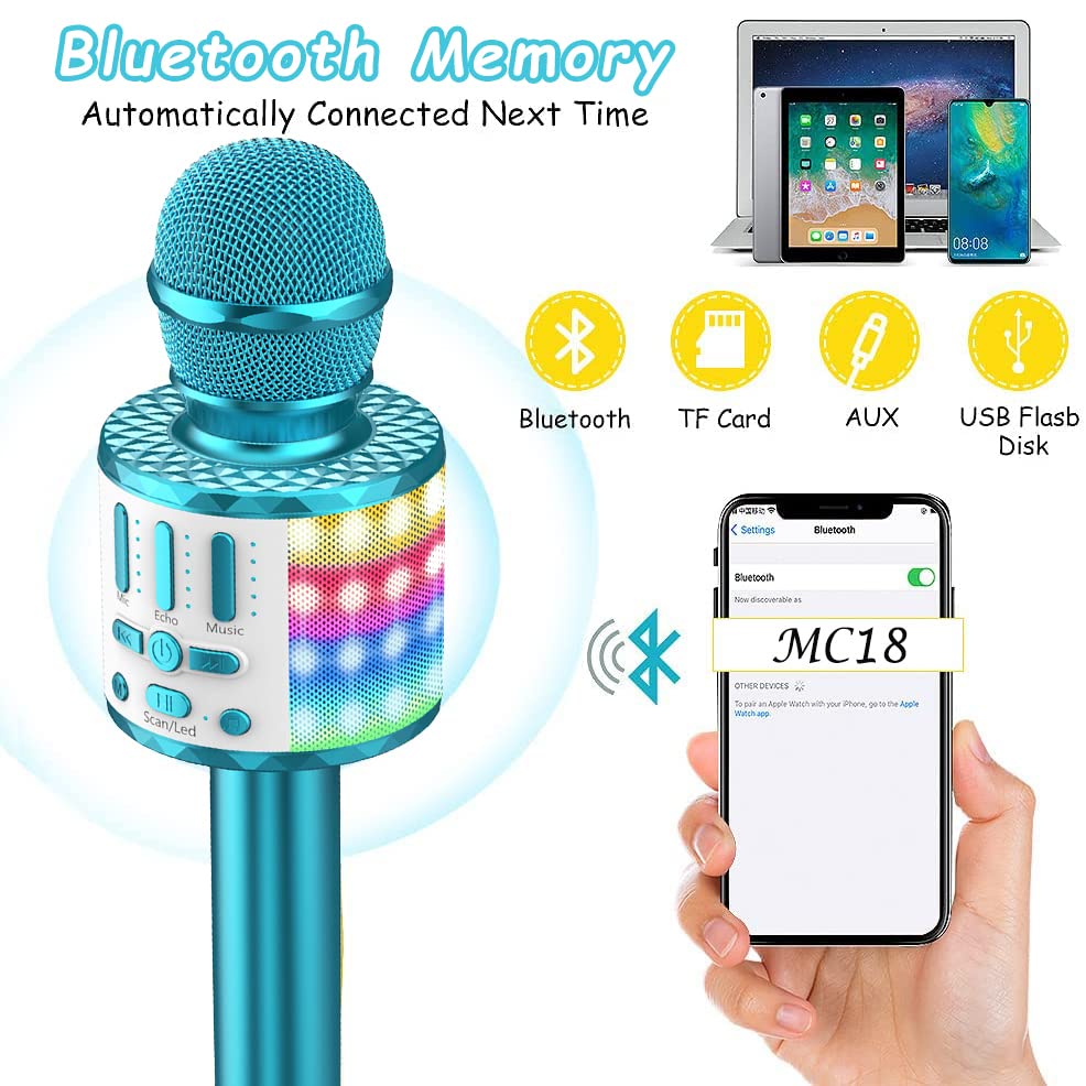 Microphone Karaoke 3-15 years, Portable Bluetooth handheld microphone with LED light, Bluetooth karaoke for kids and adults, girls boys gifts, Home KTV compatible Android IOS PC - Blu