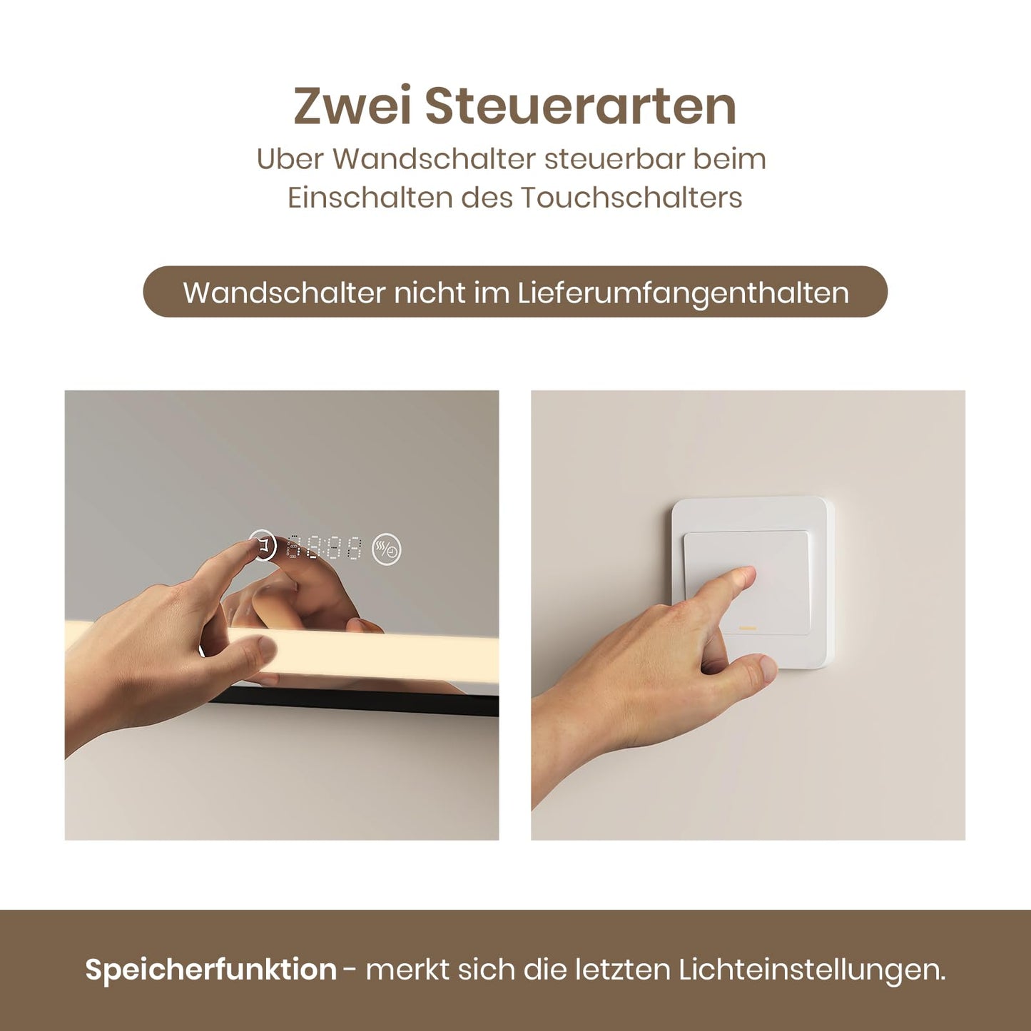 EMKE bathroom mirror with lighting 70x50cm, black mirror with touch control, dimmable, anti-fog, clock, memory function and neutral light 4300K, energy-saving wall mirror IP44