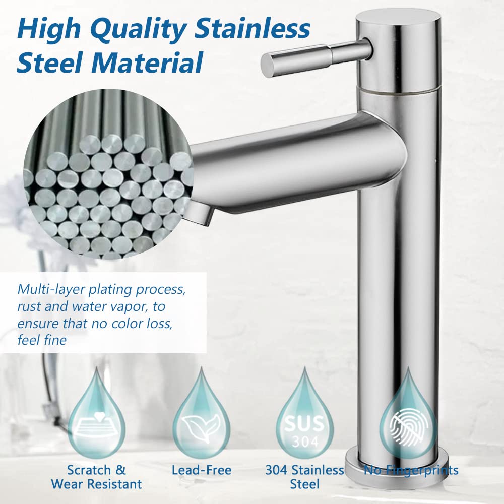 REFORUNG stainless steel cold water faucet for wash basin with single lever handle and 60cm connection hose for guest bathroom. 175mm faucet height.