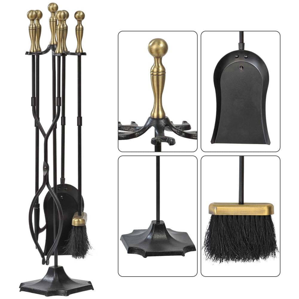 AMAGABELI 26.5" 5-piece Fireplace Tool Set with Wrought Iron and Inner Decoration Fireplace Accessories Firewood Stand Tongs Shovel Brush Poker Gold.