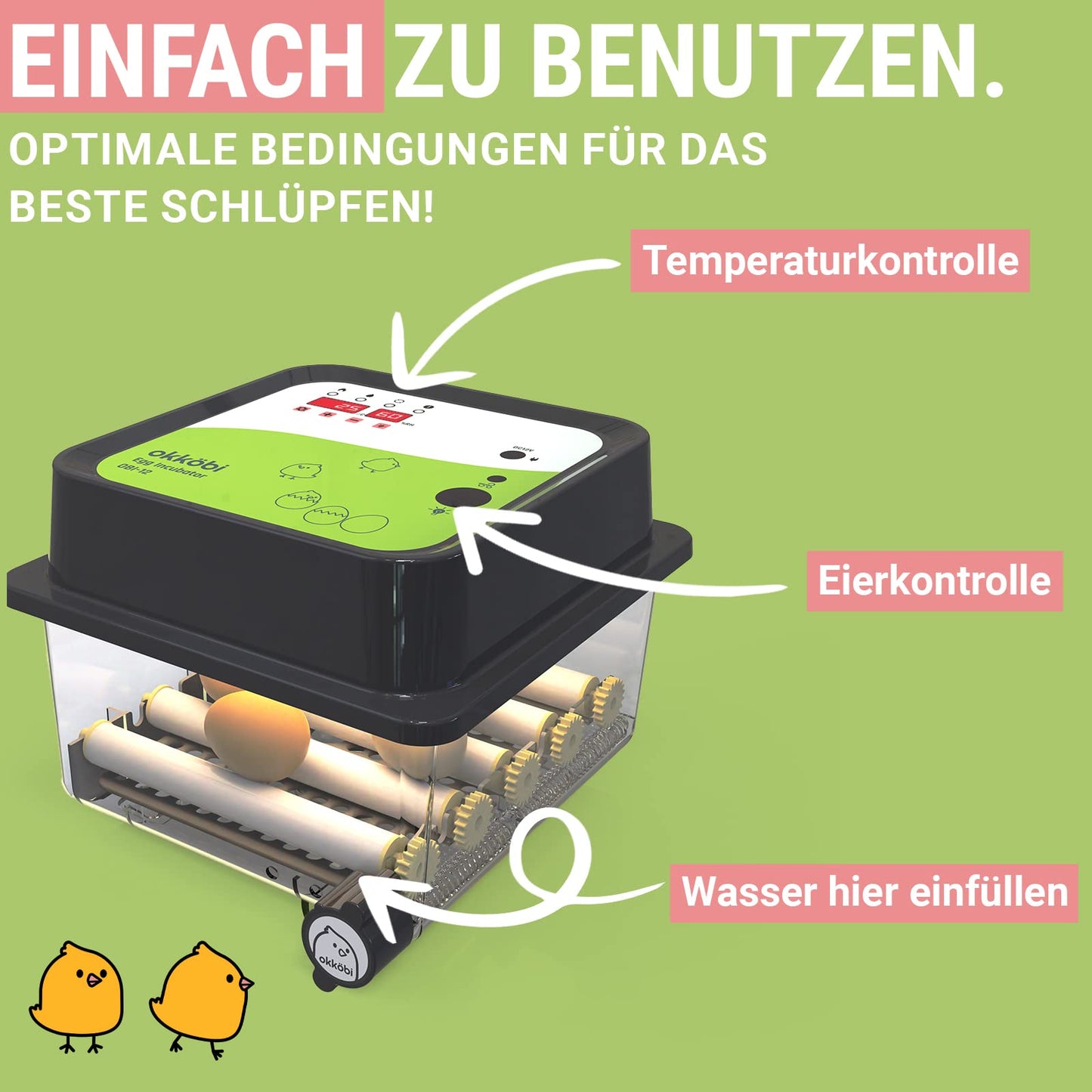 Incubator Fully Automatic 12 Eggs - Ideal for all age groups | Hatching Machine Chicken Egg Turning and Moisture Control - Integrated Eggshell + 5 Year Protection - Okköbi OBI-12