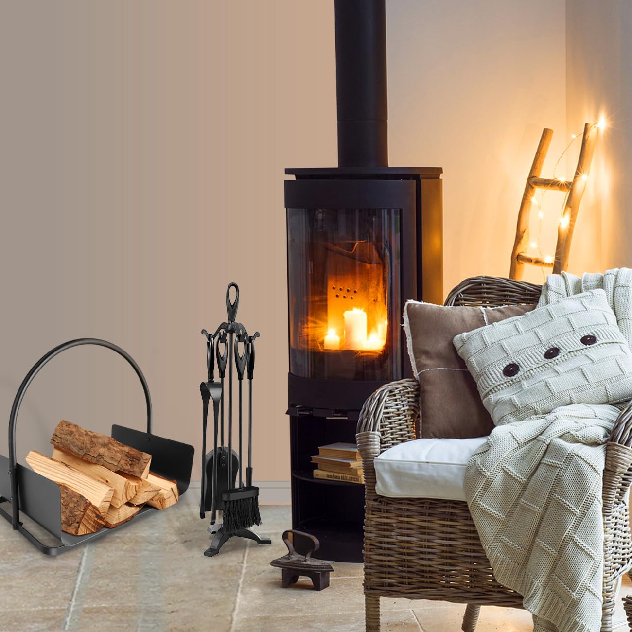 Amagabeli 25.2”(64cm) 5-piece Fireplace Tools Set Wrought Iron and Interior Fireplace Accessories Wood Holder Fireplace Stand Fire Tongs Shovel Antique Brush Chimney Poker Wood Stove (Black)