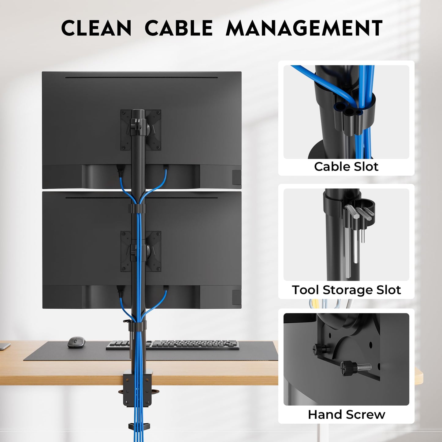 BONTEC Dual Monitor Stand for 13-34 inch screens, Height Adjustable, Swivel, Max. 10kg per monitor, VESA Compatible, Cable Management, C-Clamp & Grommet Mounting, Ergonomic for Home Office & Gaming.