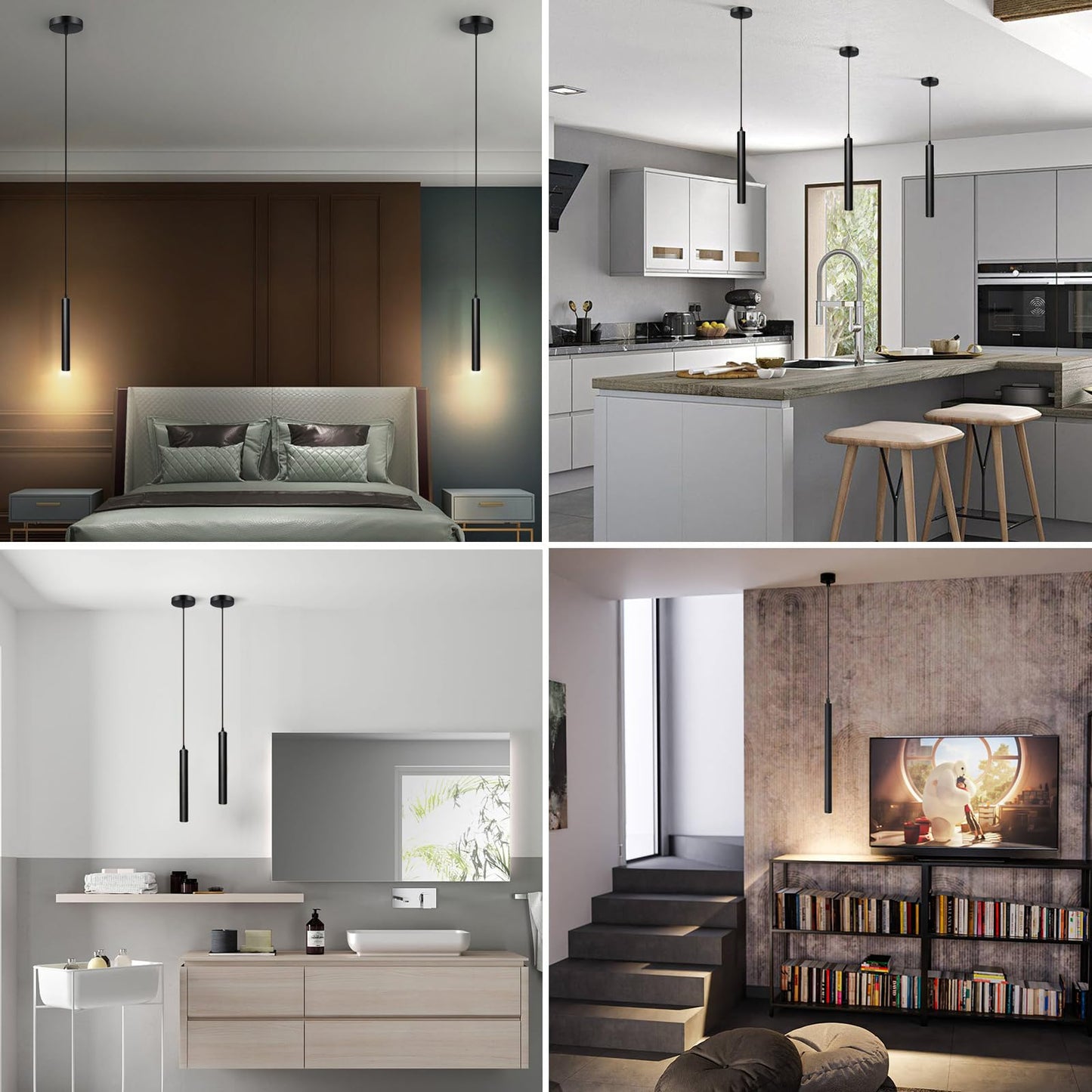 ACMHNC LED Pendant Light Black, Cylinder Hanging Lamp for Bedroom Dining Table Nightstand, 5W Adjustable Height Pendant Light, 110-230V, Warm White 3000K, 30cm