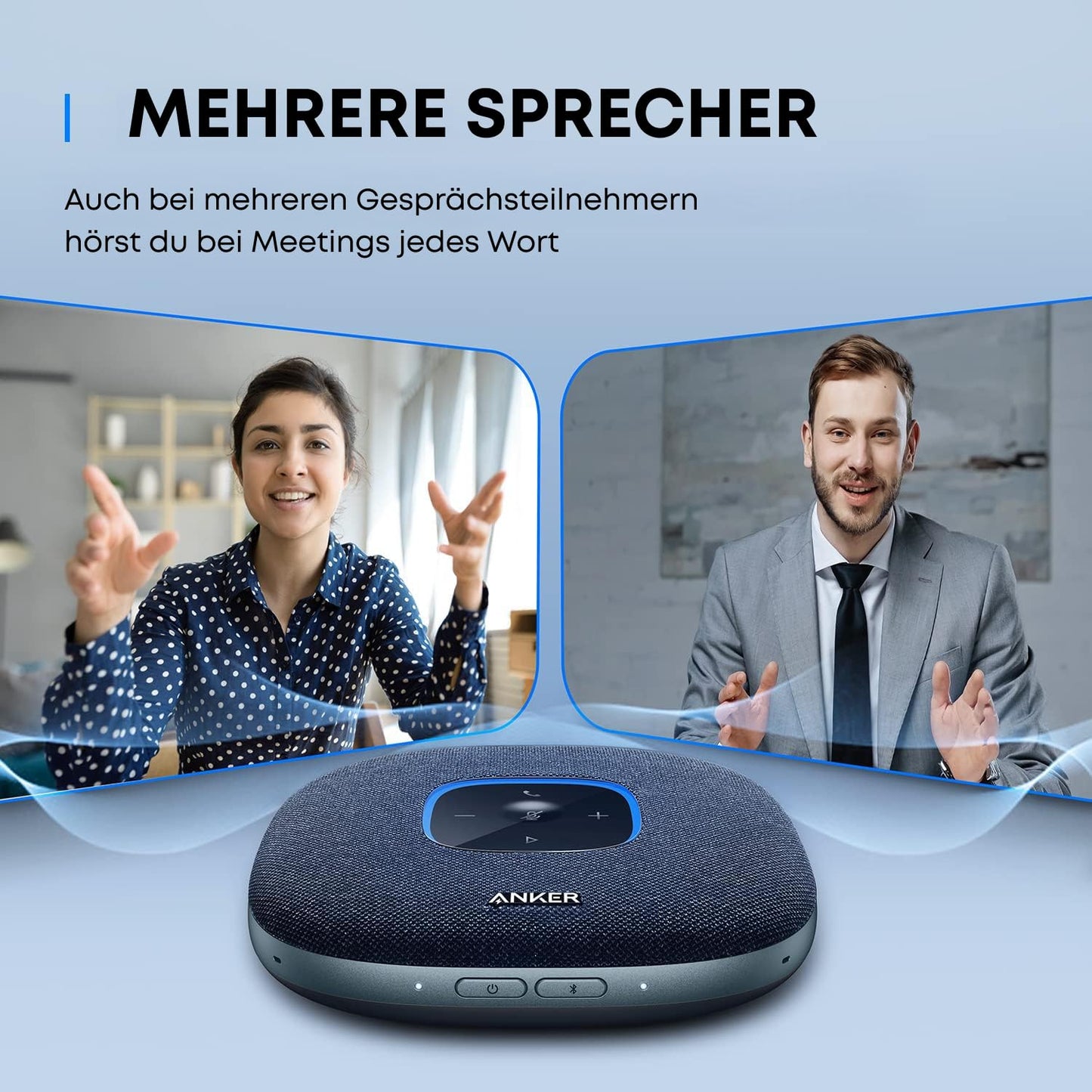 Anchor PowerConf S3 Bluetooth speakerphone features 6 mics, improved voice pickup, 24-hour call time, app control, Bluetooth 5, USB C, and compatibility with popular platforms. Ideal for home offices.