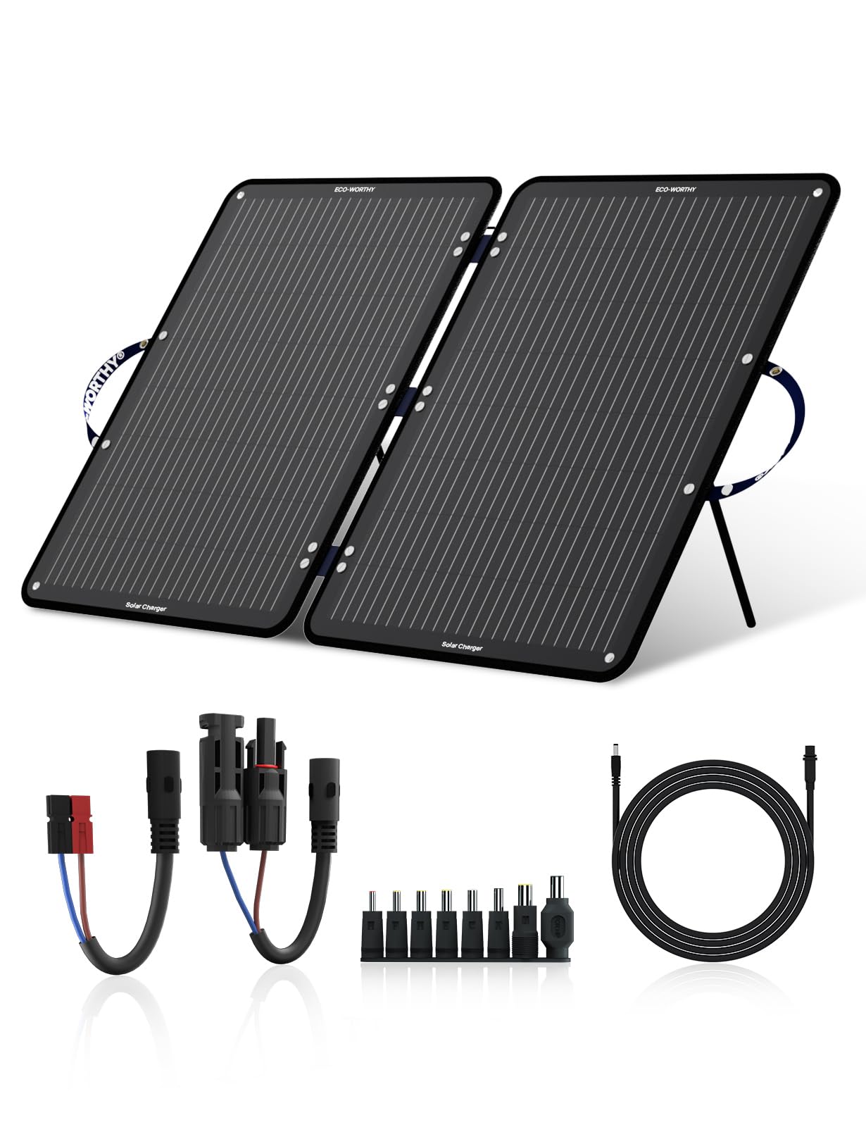 ECO-WORTHY 100W solar panel foldable with 10 connectors & 3 meters cable for power station, monocrystalline with 23% high efficiency and IP65 waterproof for camping, RV, outdoor emergency power supply.