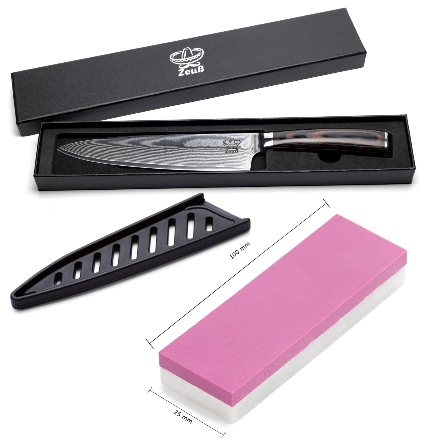 ZEUS Damascus Knife Kitchen Knife XL (32cm) Professional chef's knife made of genuine 67 layers of Damascus steel I Damascus kitchen knife and chef's knife with sharpening stone, wooden handle, blade cover, and gift box