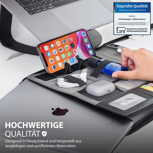 Vebon® A4 London Vegan Leather Conference Folder with Zipper I Portfolio + Laptop Bag I 2in1 I Green I Smartphone Holder + Clipboard