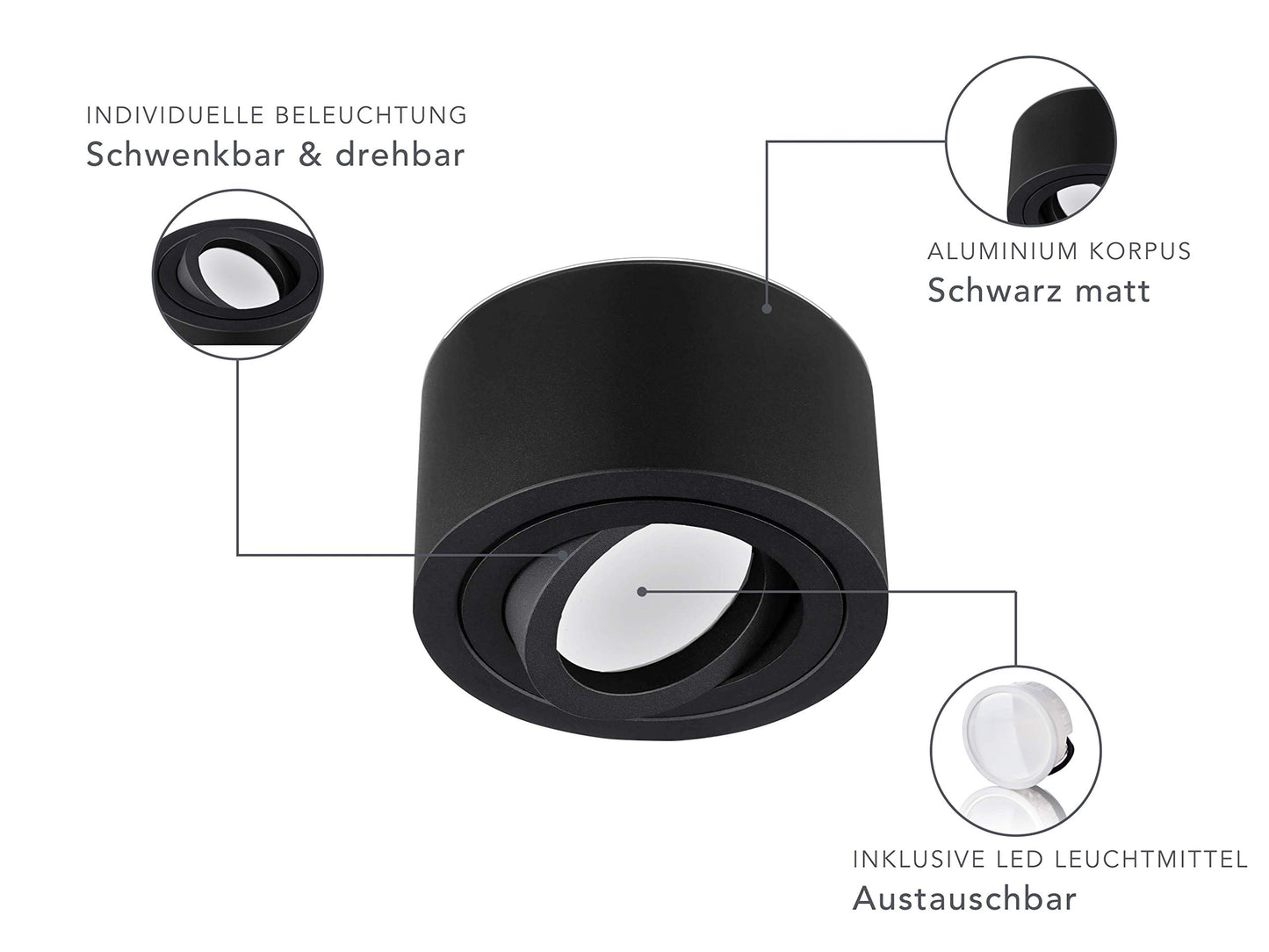 lambado® Flat LED Surface Mount Lights/Ceiling Lights Set incl. 230V 5W dimmable spots - round surface light/ceiling spots in matte black