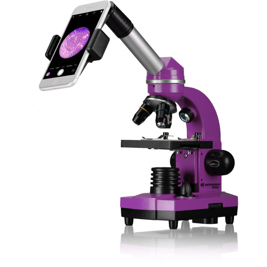Bresser Junior Student Microscope BIOLUX SEL with smartphone holder, extensive accessories, and Barlow zoom system for children, beginners, and adults, violet.