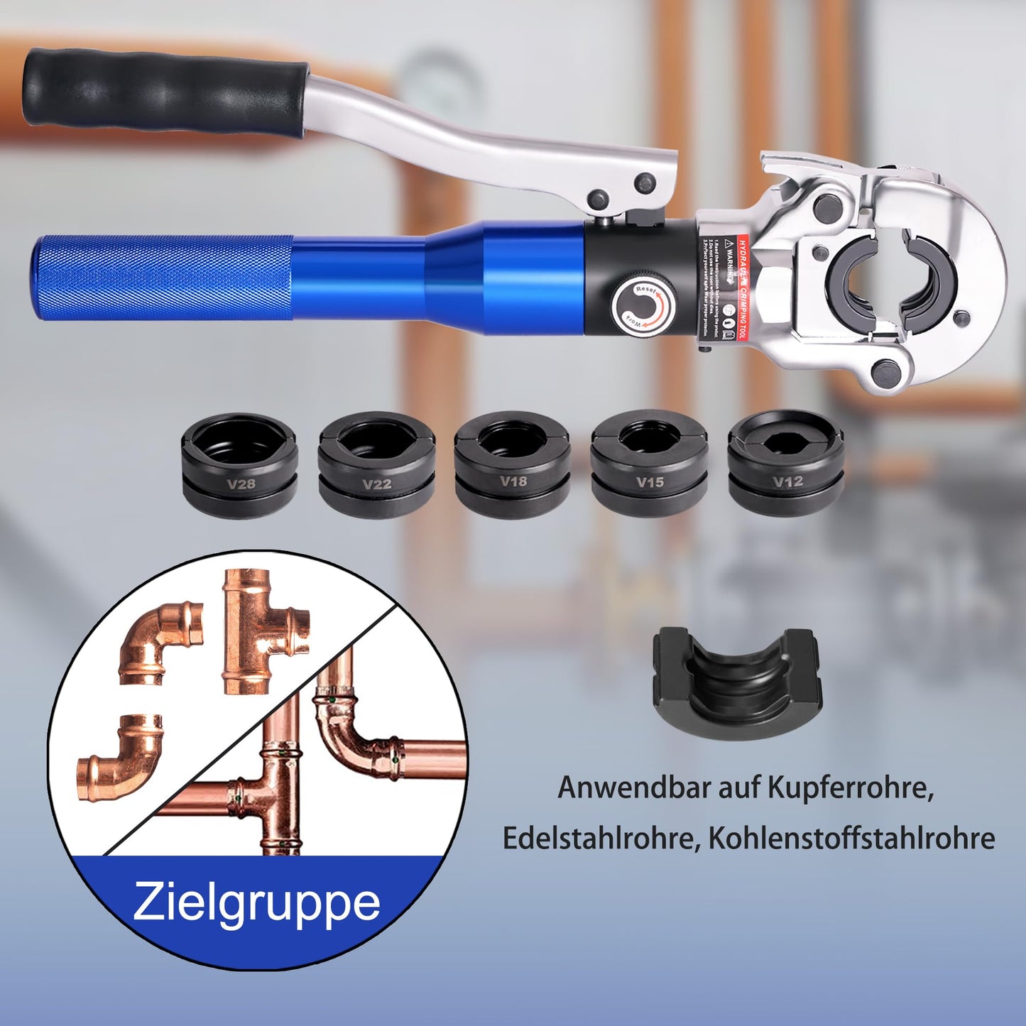 AMZCNC Professional V-Contour 12-15-18-22-28 Set Press Tool with 180° rotatable head, for copper pipe, stainless steel pipe, jaw inserts V12, V15, V18, V22, V28 incl.