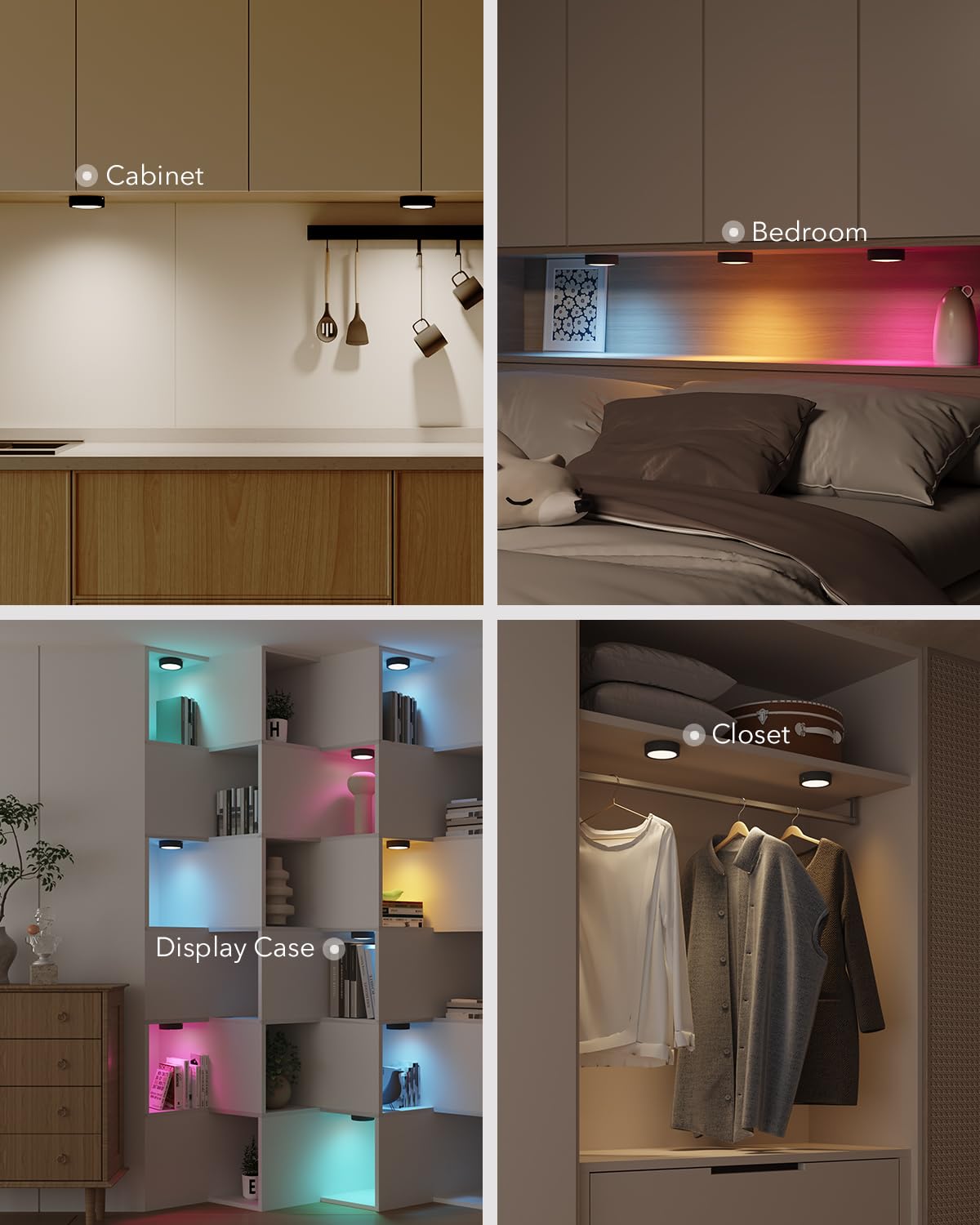 RGB LED spot with remote control, 2400mAh USB rechargeable display lighting Wireless dimmable under cabinet light kitchen LED round color changing spot battery adhesive light cabinet light with magnet and timer.