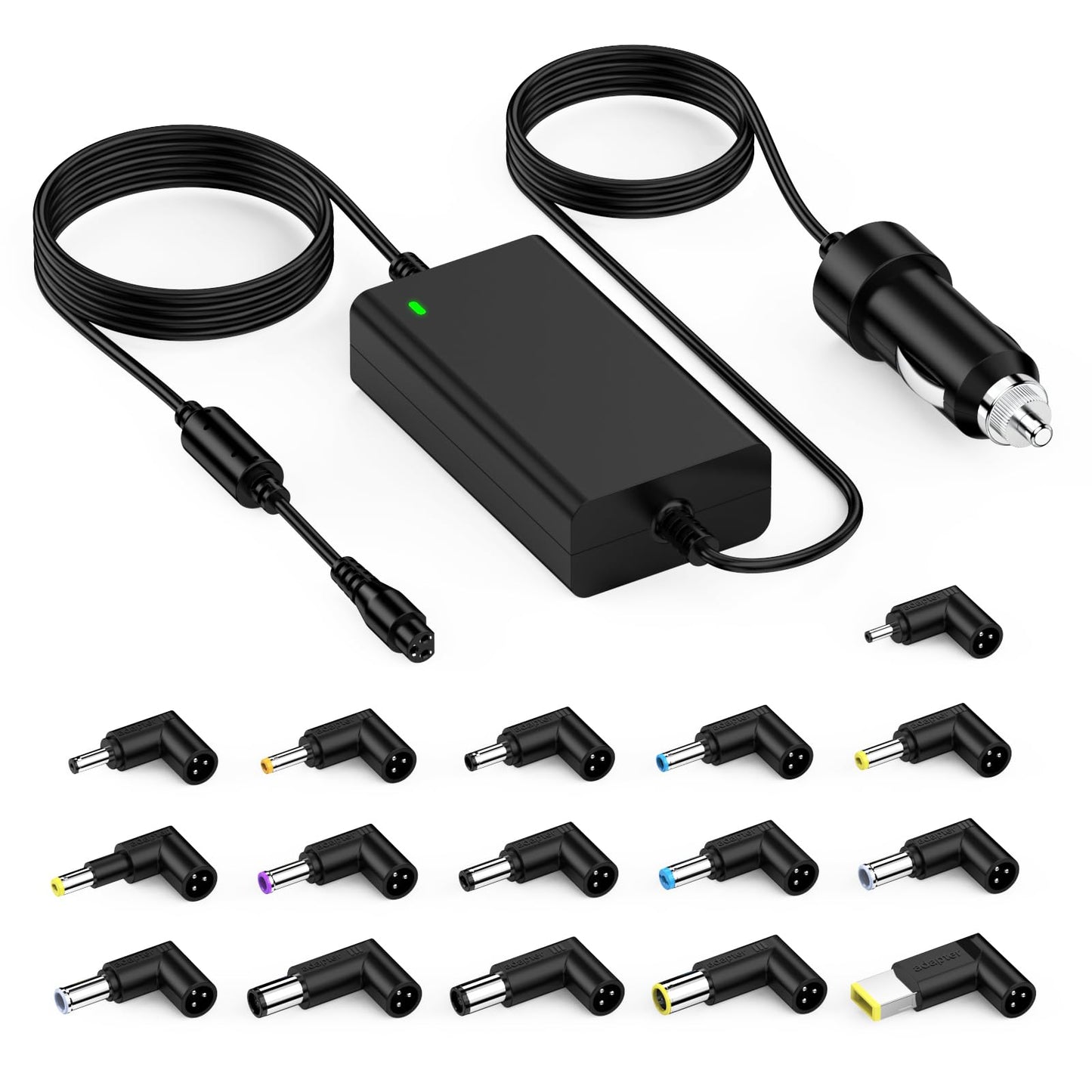 90W Universal Car Laptop Charger DC Adapter for HP Pavilion Acer Aspire Swift ASUS Vivobook Lenovo Ideapad Dell Sony Toshiba Samsung JBL Fujitsu Medion Tablets with 16 adapter plugs.