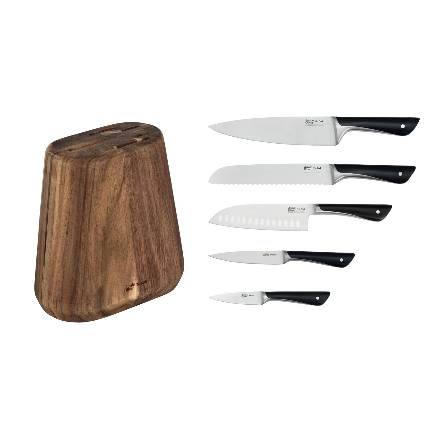 Jamie Oliver by Tefal 5-piece kitchen knife set + block, chef/santoku/bread/utility/paring knives, ice-hardened, German stainless steel blades, acacia wood block, Brown, K267S556