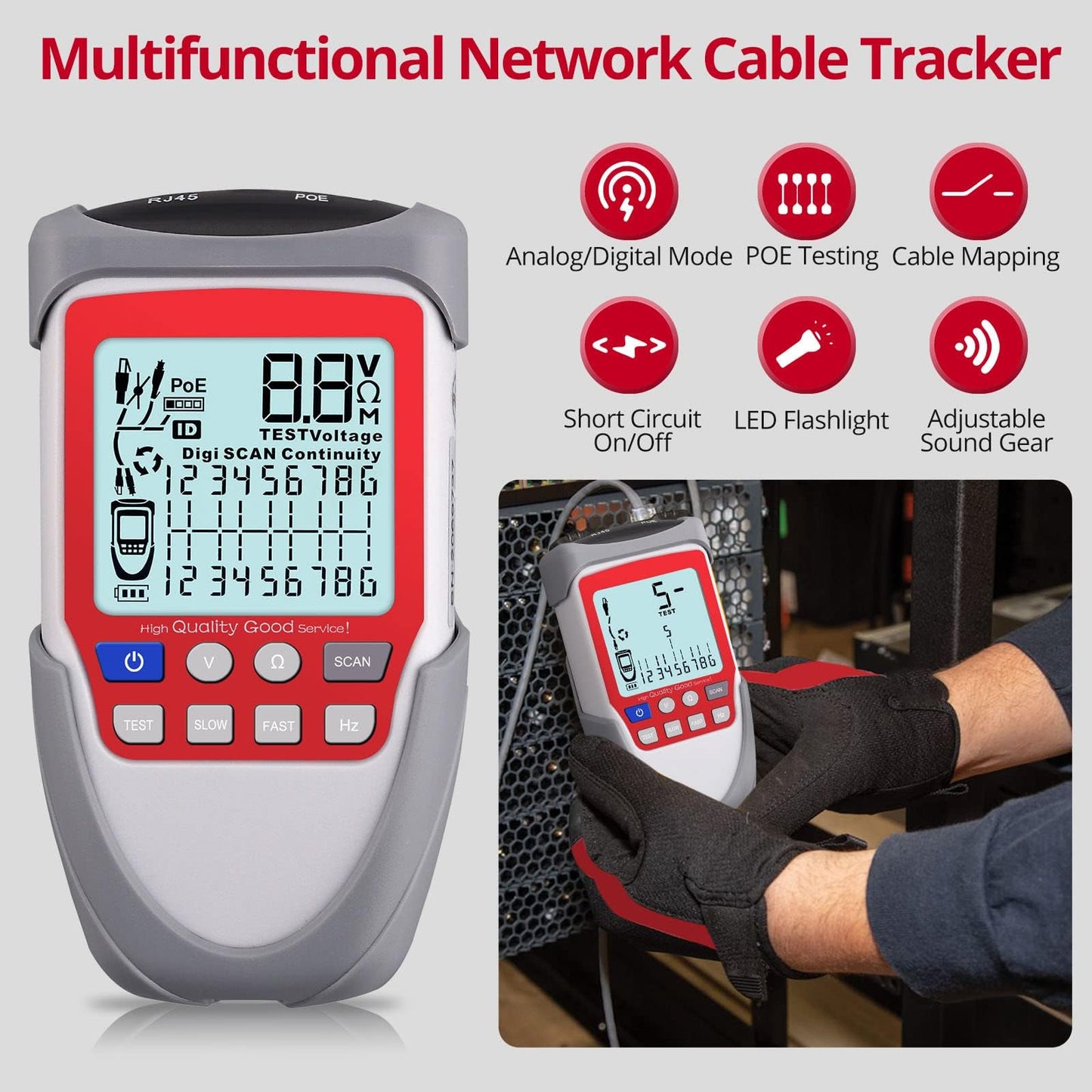XUNTOP Wire Tracker Cable Finder LCD Network Cable Tester with POE Test Network Testing Tool Network Cable Tester with Storage Bag Support Network Cable CAT5, CAT5e, CAT 6, CAT 7 CAT 8