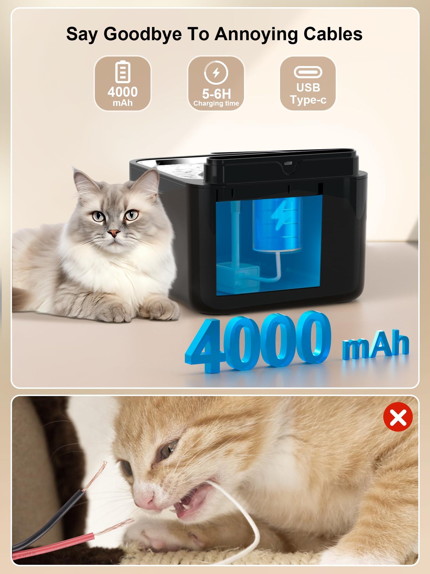 PLOOHT Cat Drinking Fountain Wireless, Cat Fountain with Motion Sensor, Cat Fountain Battery Operated 3.2L, Built-in 4000mAh Rechargeable Battery, with Quiet Pump and Filter, Black