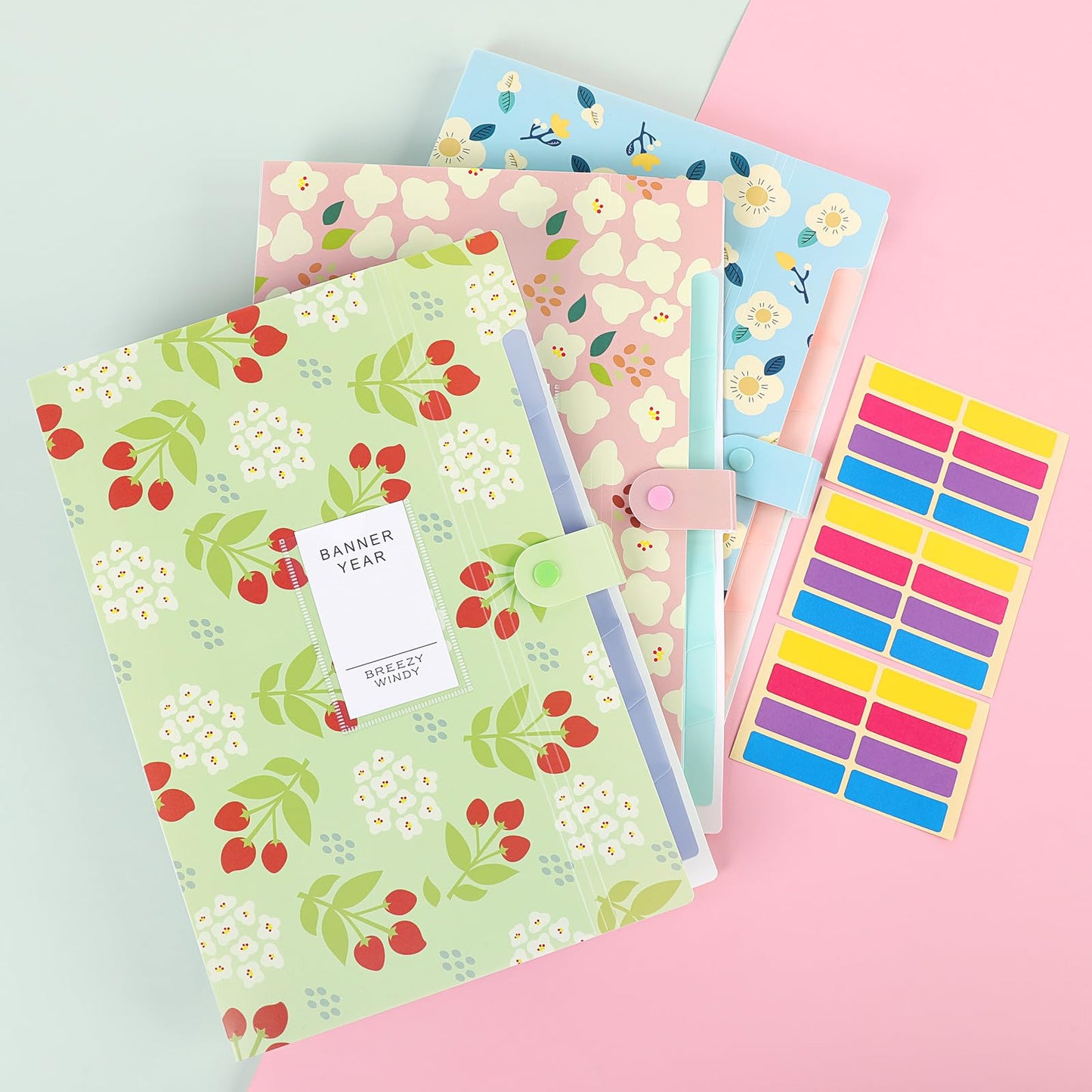 KONVINIT expanding file folder A4 size, document organizer with 7 compartments, portable floral patterned file folder with labels, for school/home/office, pack of 3.