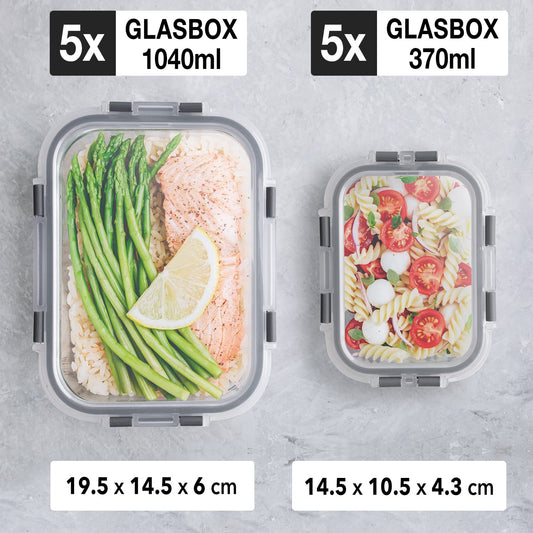 GOOD FOR YOU - Meal prep boxes & glass food storage containers set - 20 pieces (10 containers & 10 lids), dishwasher, microwave & freezer safe, BPA-free, borosilicate glass containers.
