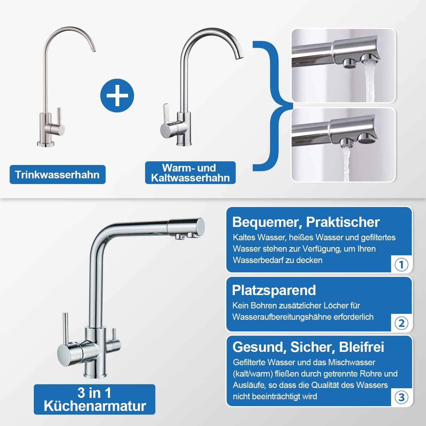 ROVOGO Kitchen Faucet 3 Way Water Filter Mixer Tap, Kitchen Tap for Hot, Cold and Drinking Water, 360° Rotatable Sink Faucet Stainless Steel with Double Lever and 3 Hoses, Chrome