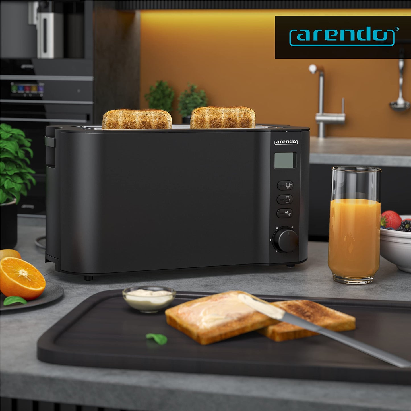Arendo - Stainless Steel Long Slot 4-Slice Toaster - Double-wall housing - Integrated bun holder - Browning levels 1-6 - Bread centering - automatic shutdown - Display with remaining time display