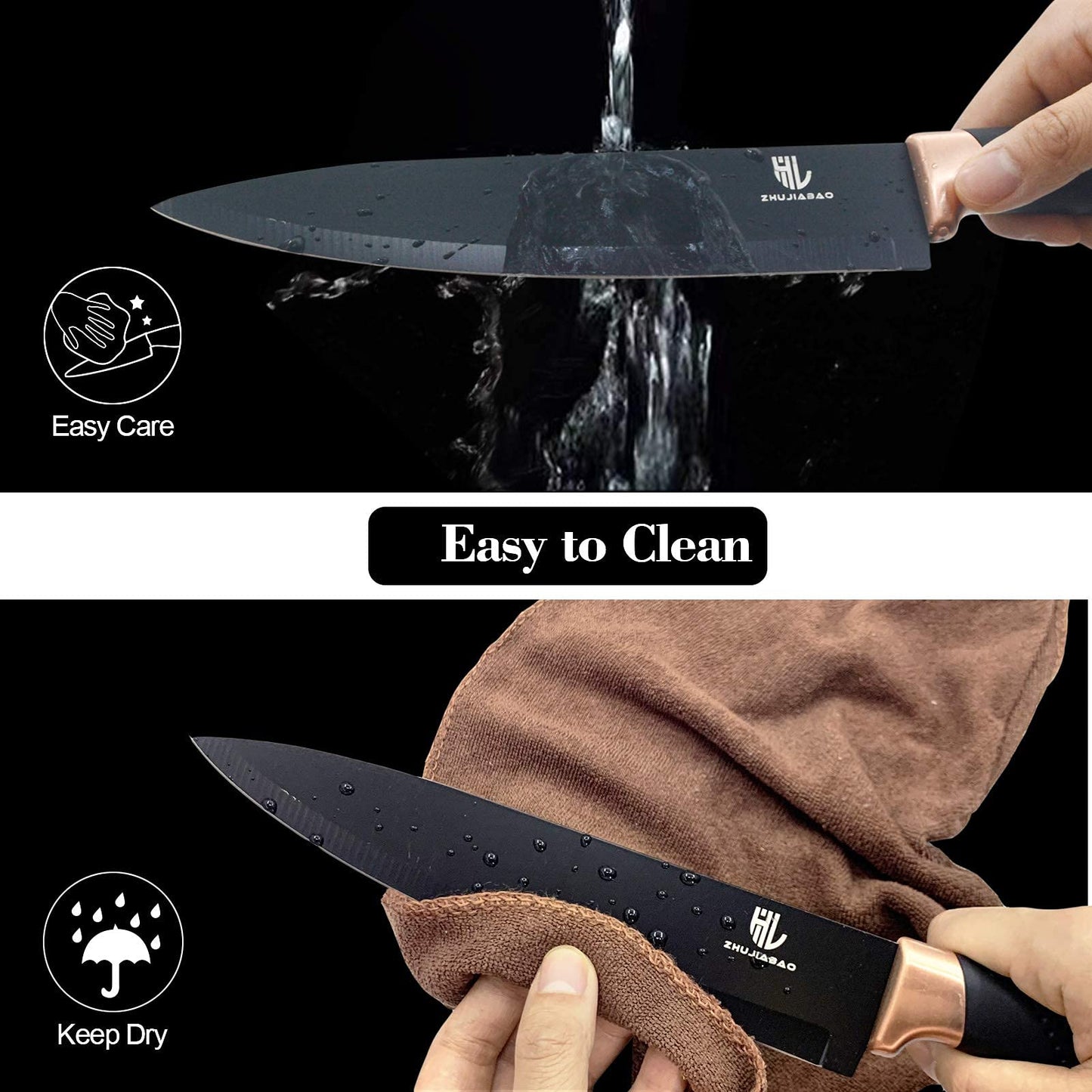 HL zhujiabao Black Kitchen Knife Block Set with Acrylic Stand 6PCS Professional Stainless Steel Chef Knife Set with Non-stick Coating and ultra-sharp Knife Block Set as a gift for men and women