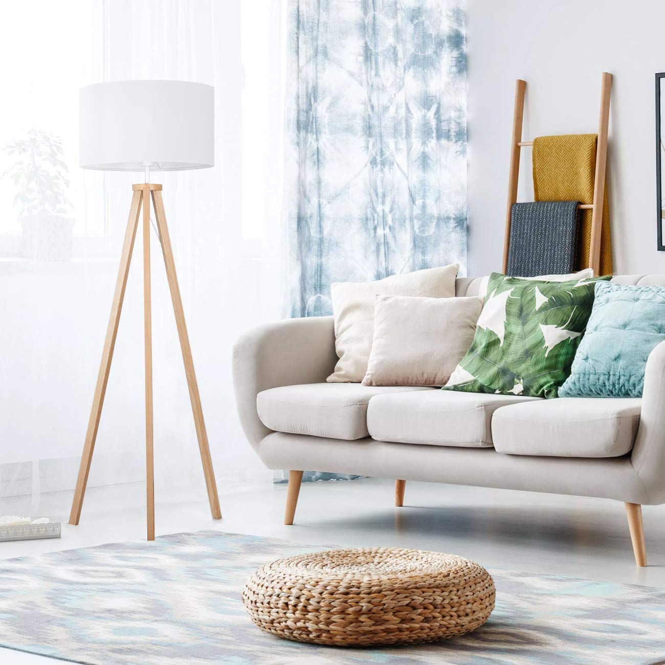 Tomons floor lamp LED dimmable made of wood tripod, Scandinavian style, modern floor lamp for living room, bedroom, study, hotel, and office, white