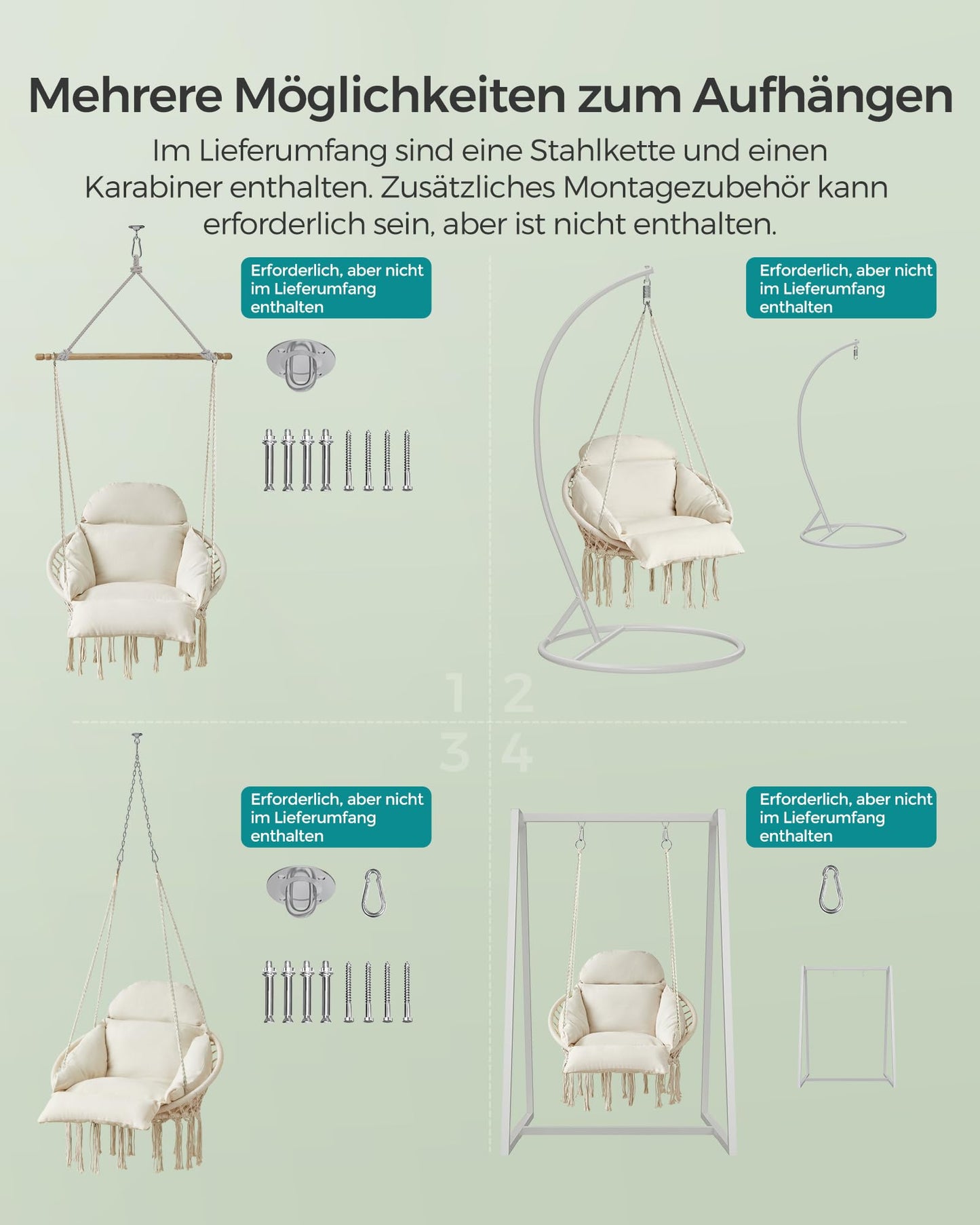 SONGMICS Hanging Chair, Swing Chair, Hammock Chair, Thick Cushion, Scandinavian Style, for Living Room, Patio, Garden, Balcony, Holds up to 120 kg, Accessories Included, Cream White GDC042M01