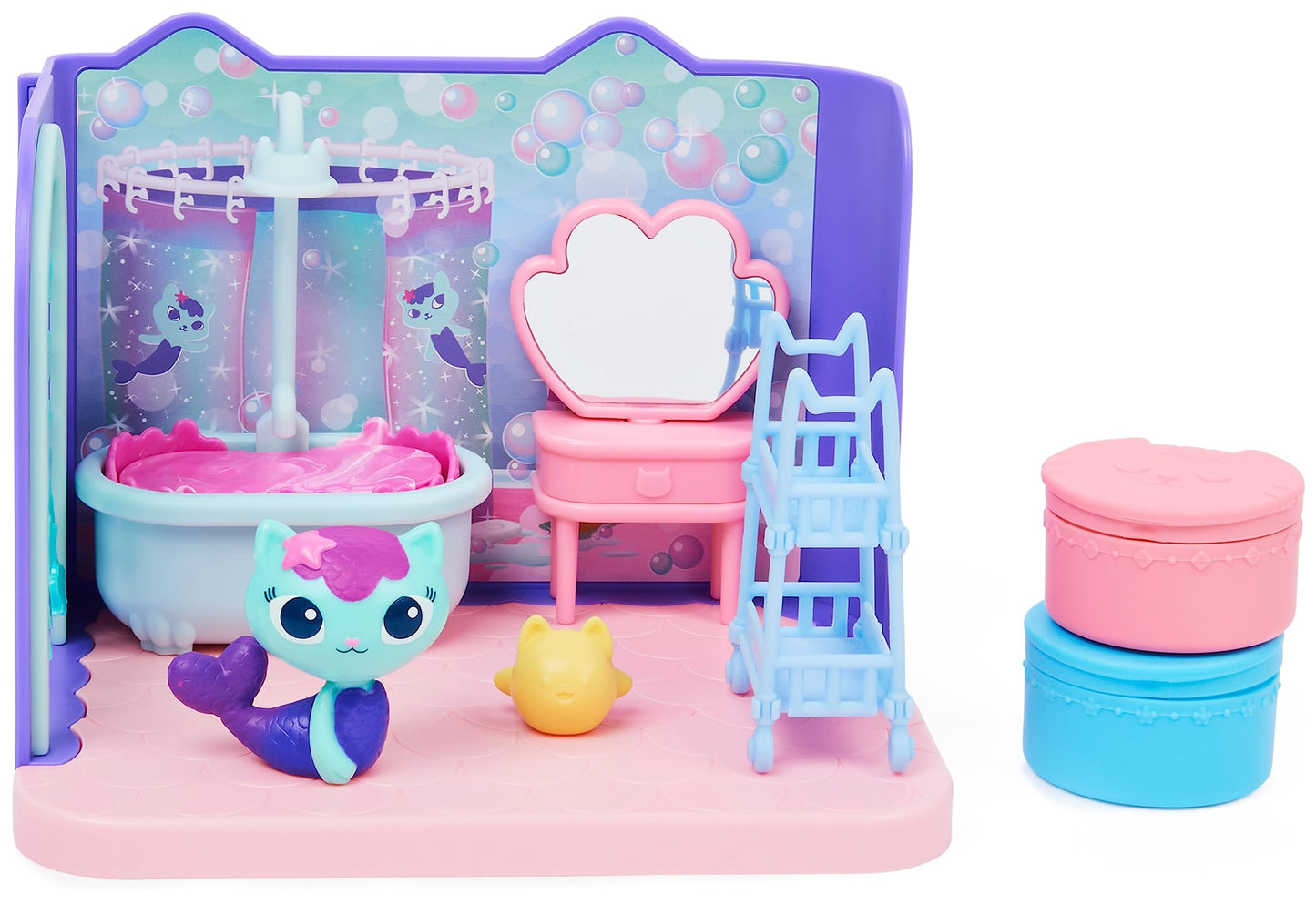 Gabby's Dollhouse Deluxe Room, Primp and Pamper Bathroom, includes MerCat figure and 3 accessories, 3 furniture pieces, and 2 surprise boxes, suitable for children ages 3 and up.
